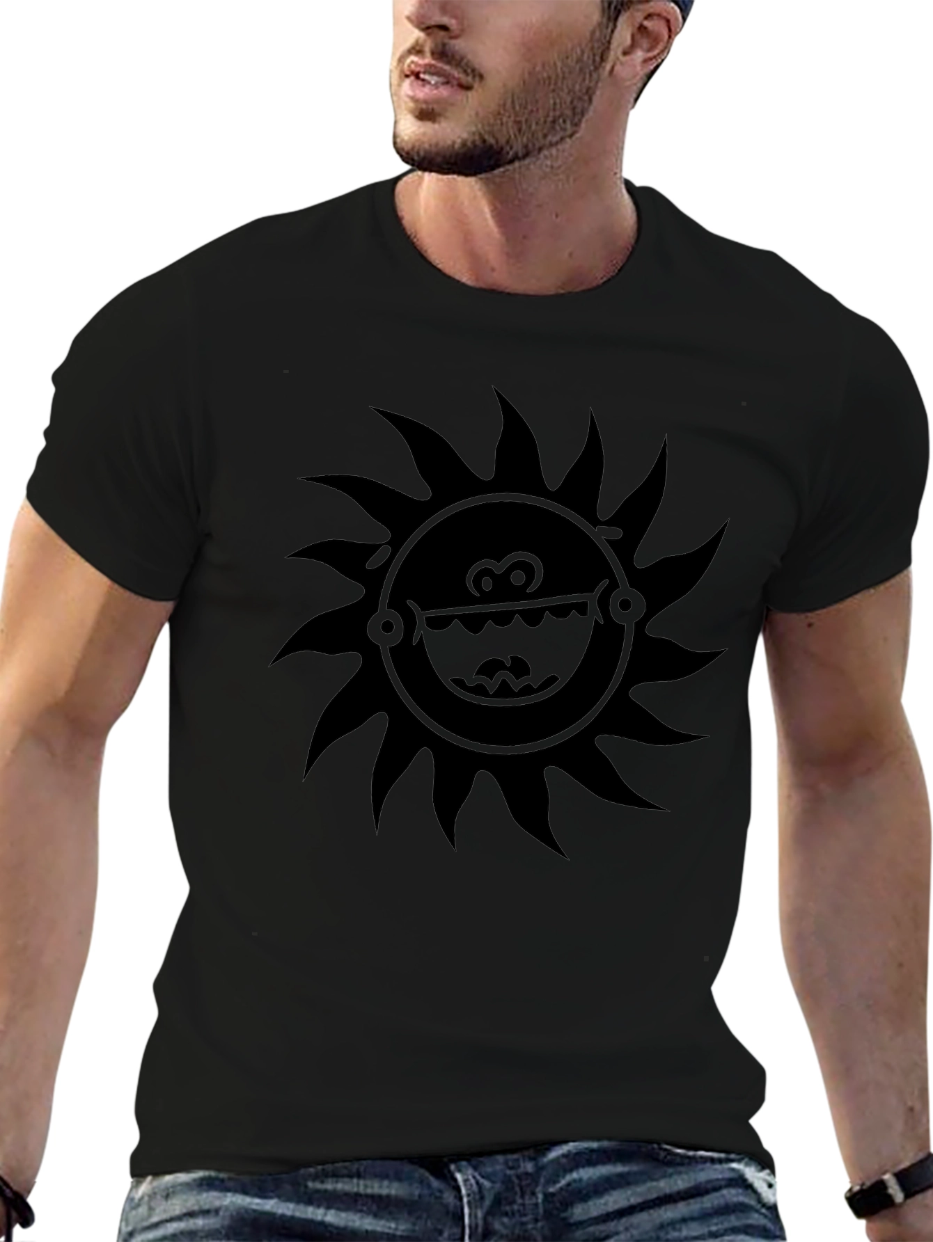 Black T-Shirt with Sun Face Graphic