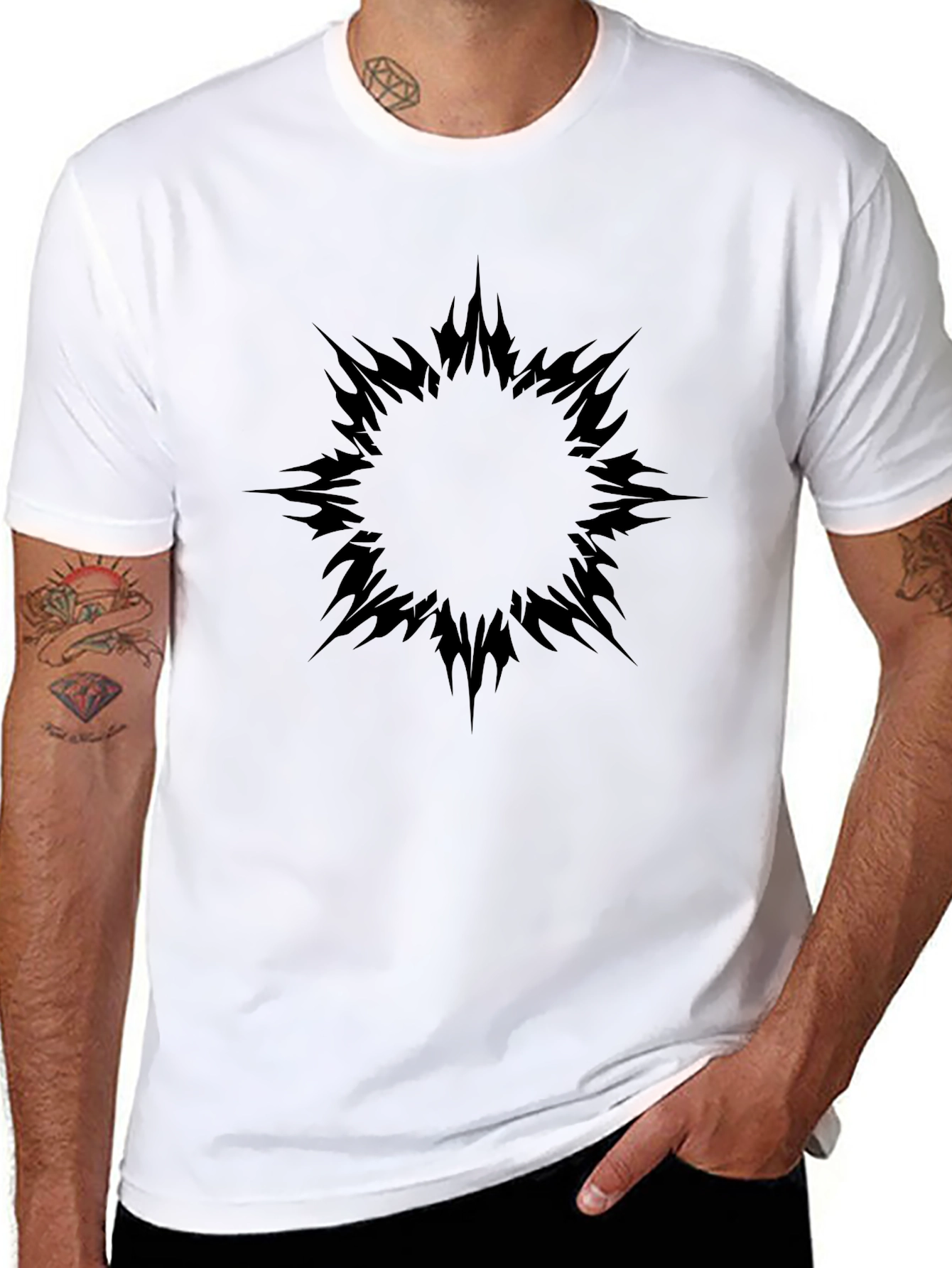 Mens Black T-Shirt with Abstract Sun Design