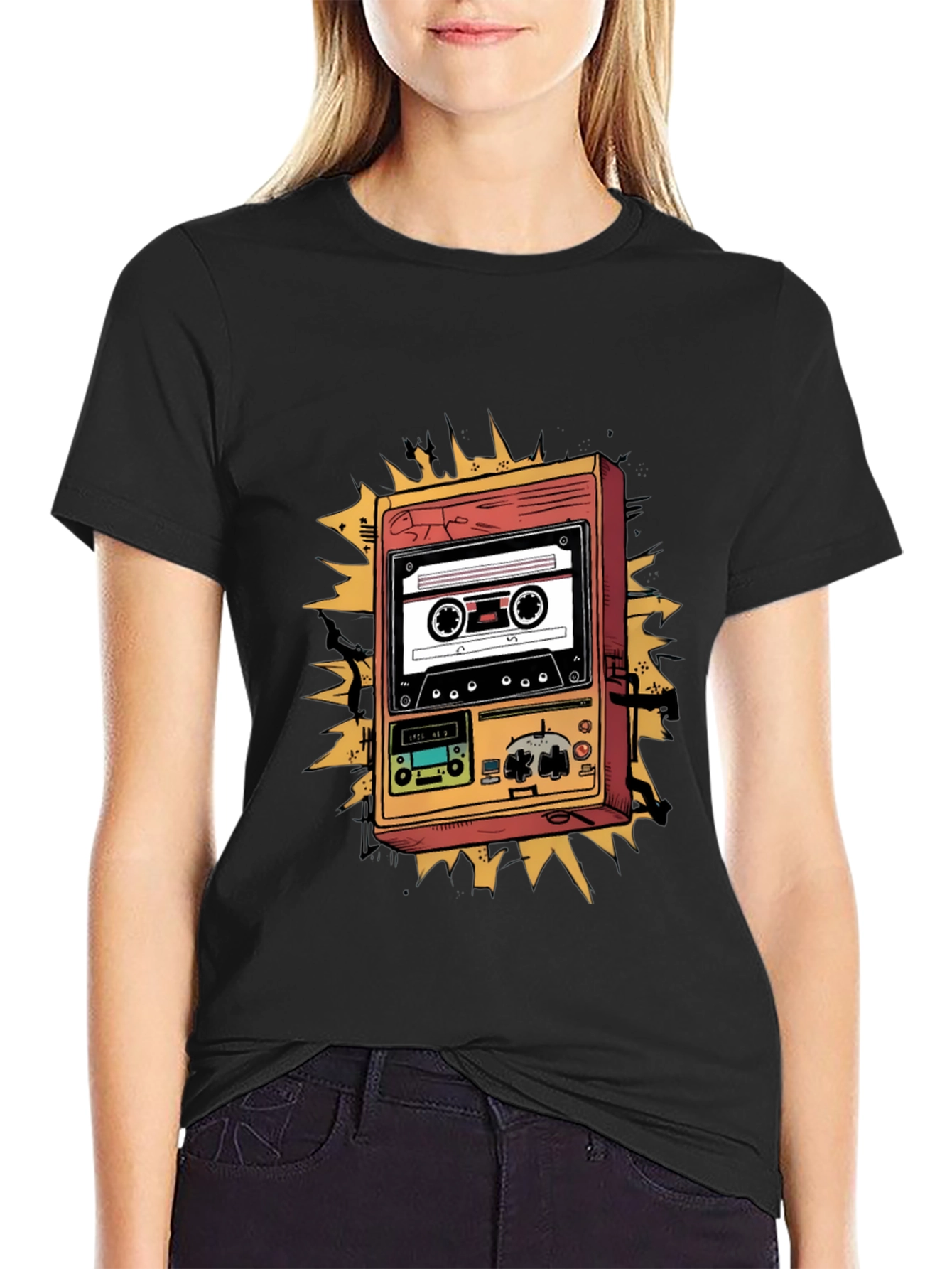 Retro Cassette Player Graphic Tee - Black