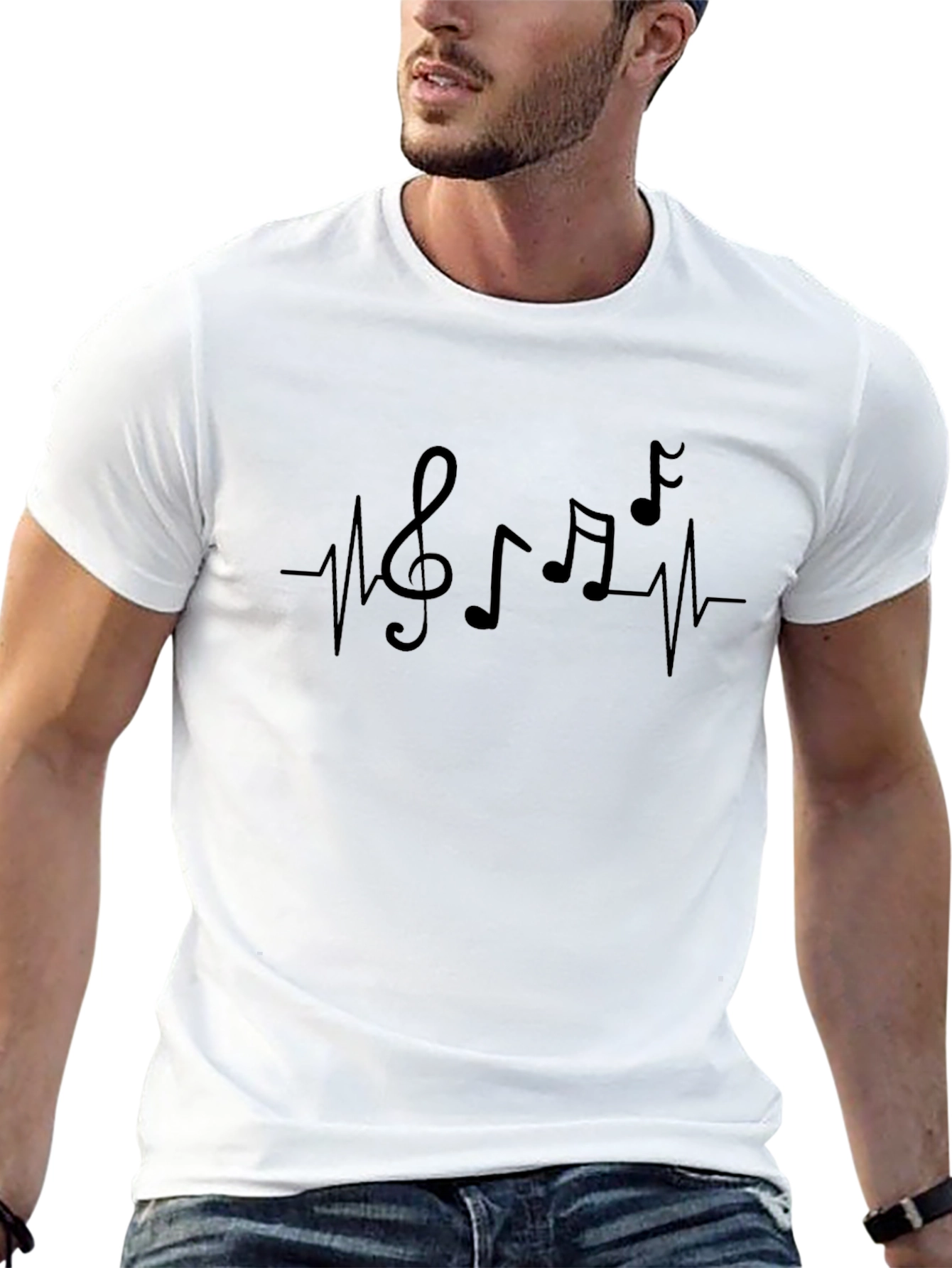 Music Heartbeat Graphic Tee - Black Cotton Casual T-Shirt