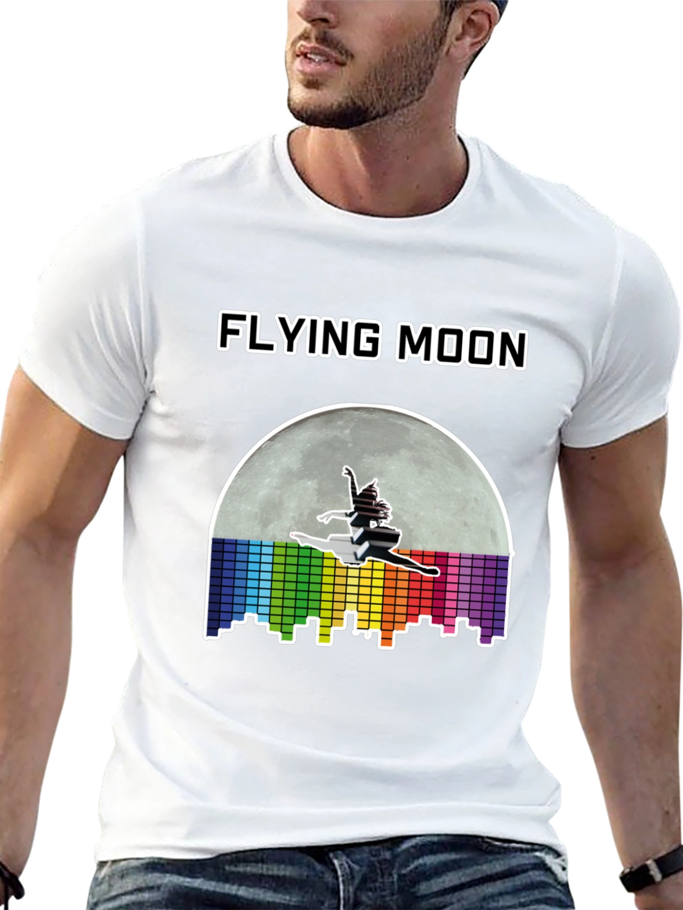 Flying Moon Graphic Tee - Unique Design Black T-Shirt