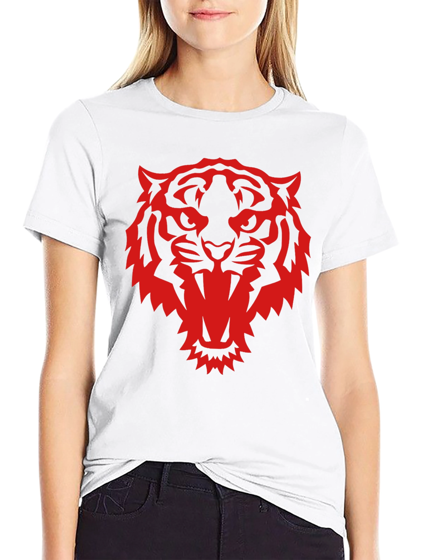 Black T-Shirt with Red Tiger Graphic Print