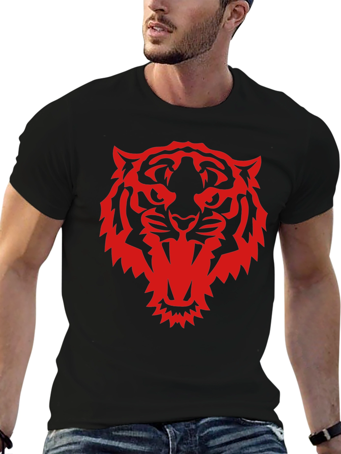 Black T-Shirt with Red Tiger Graphic Print