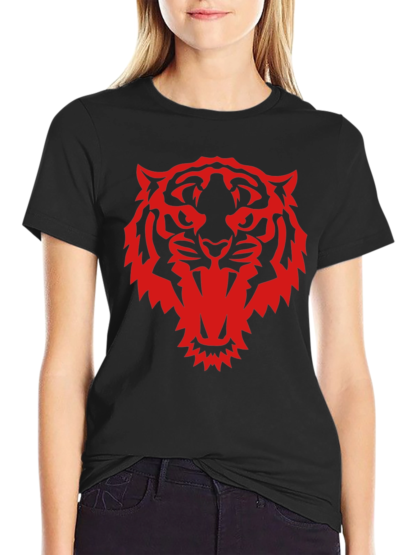 Black T-Shirt with Red Tiger Graphic Print