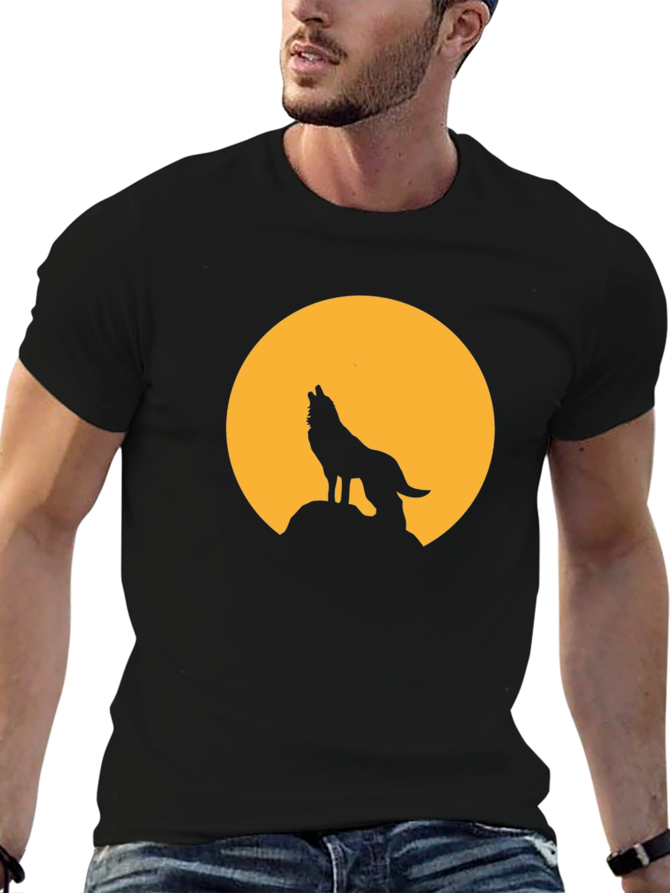 Wolf Howling at Moon Graphic Black T-Shirt