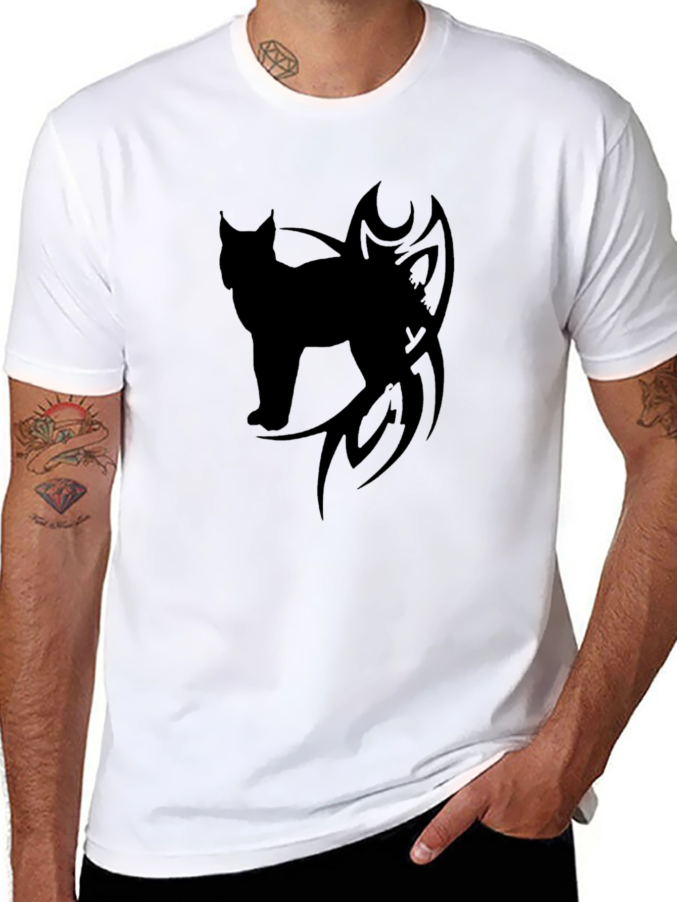 Mens Black T-Shirt with Lynx Tribal Design