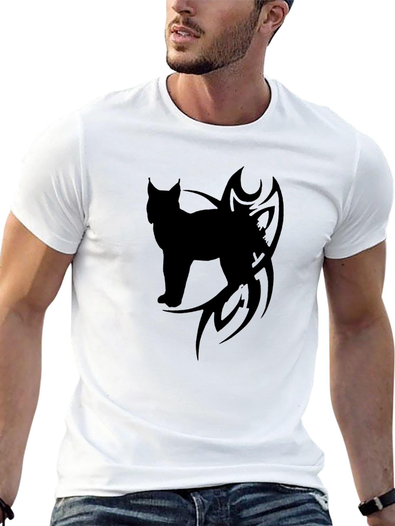 Mens Black T-Shirt with Lynx Tribal Design