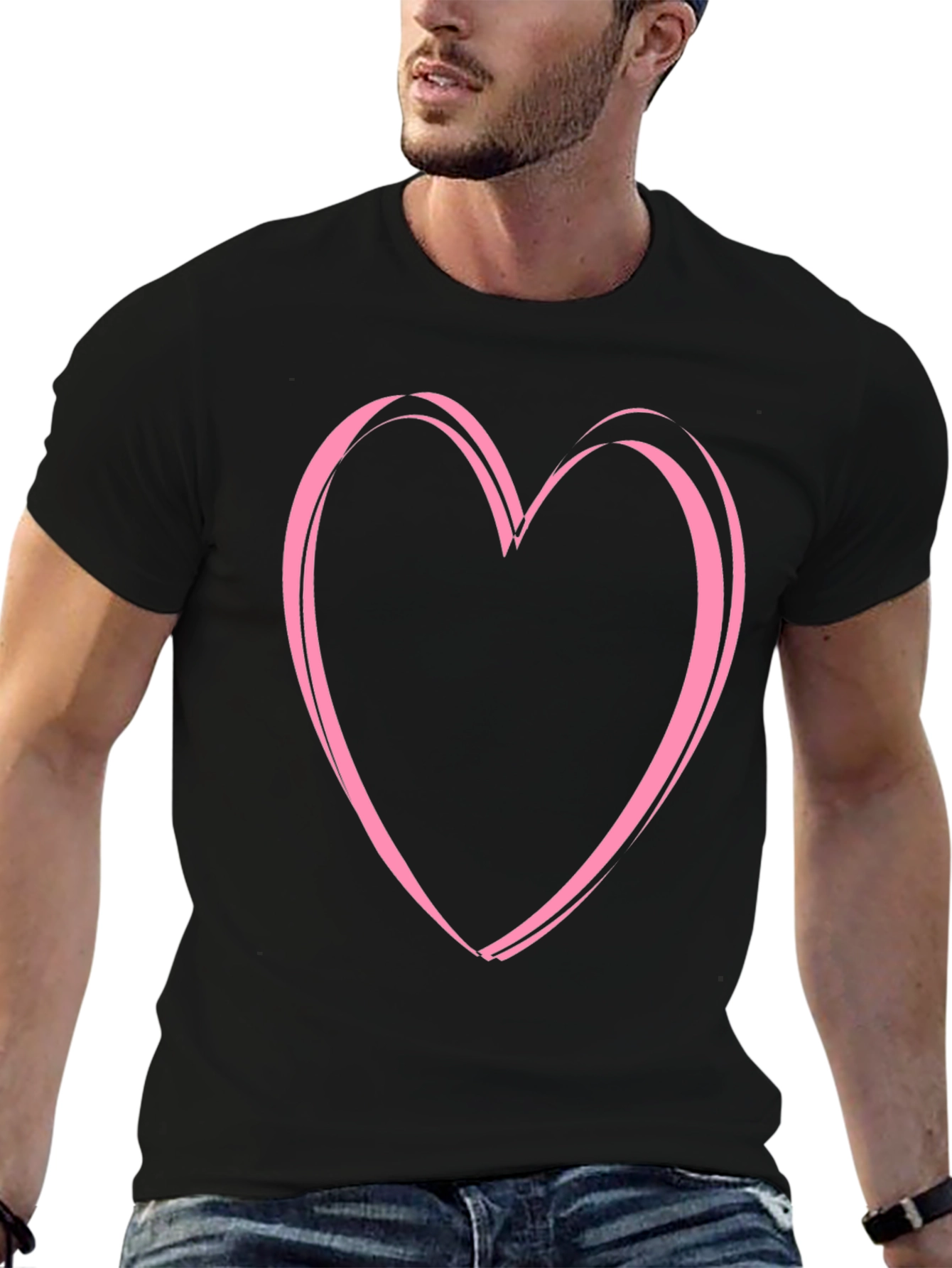 Pink Heart Graphic Black Tee - Casual Style