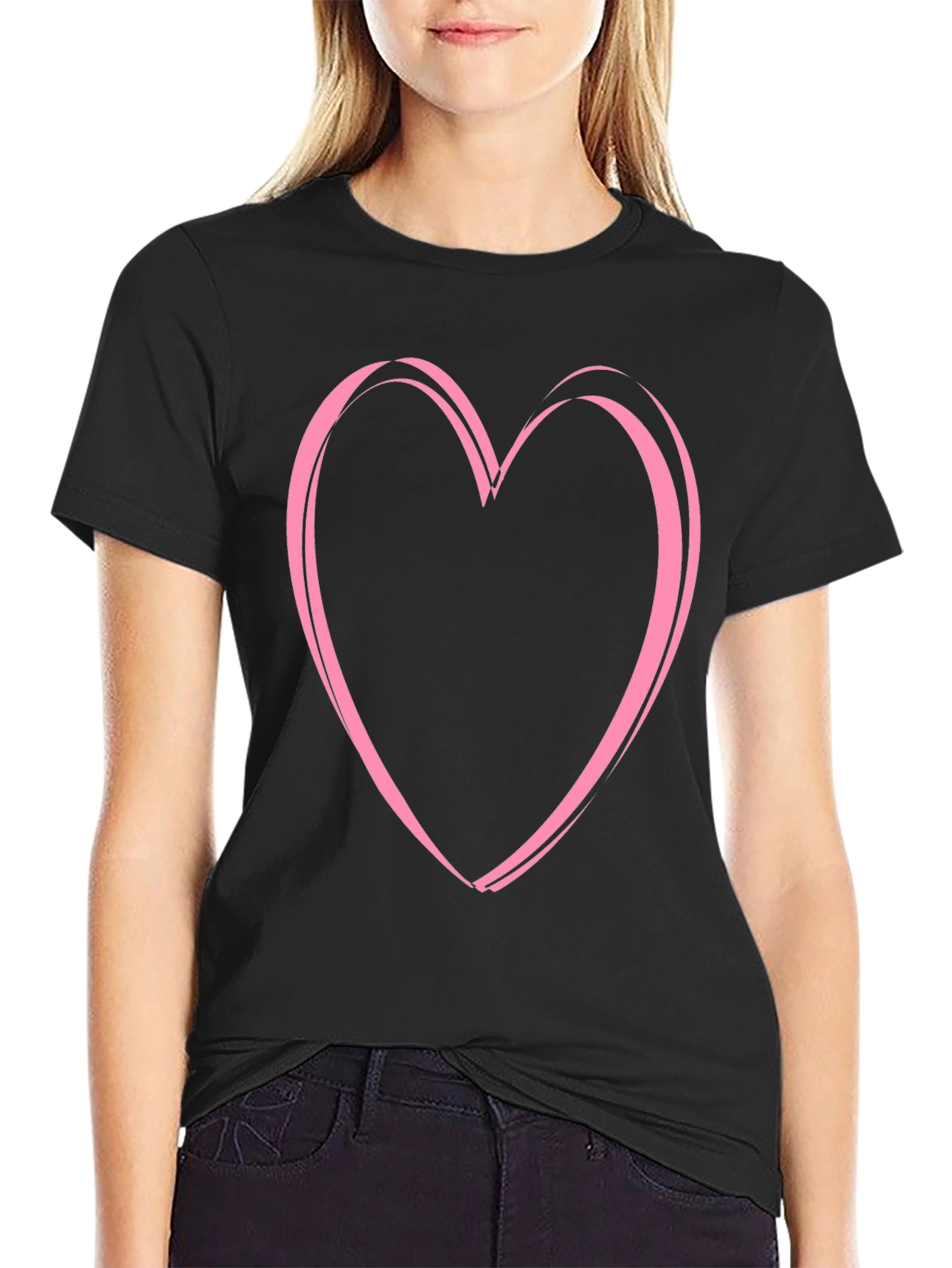 Pink Heart Graphic Black Tee - Casual Style