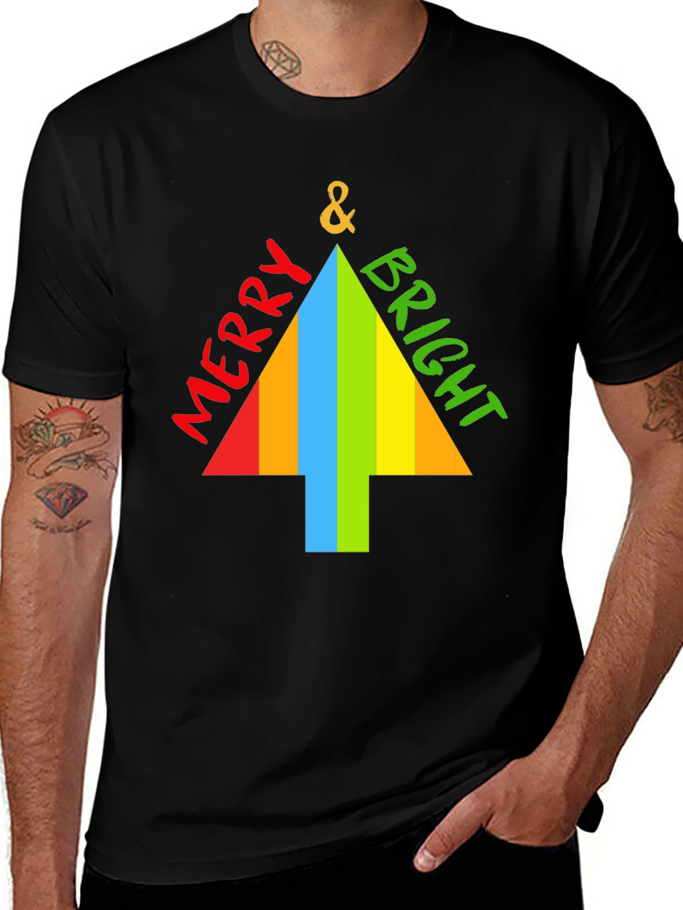 Merry & Bright Christmas Tree Graphic Tee - Black