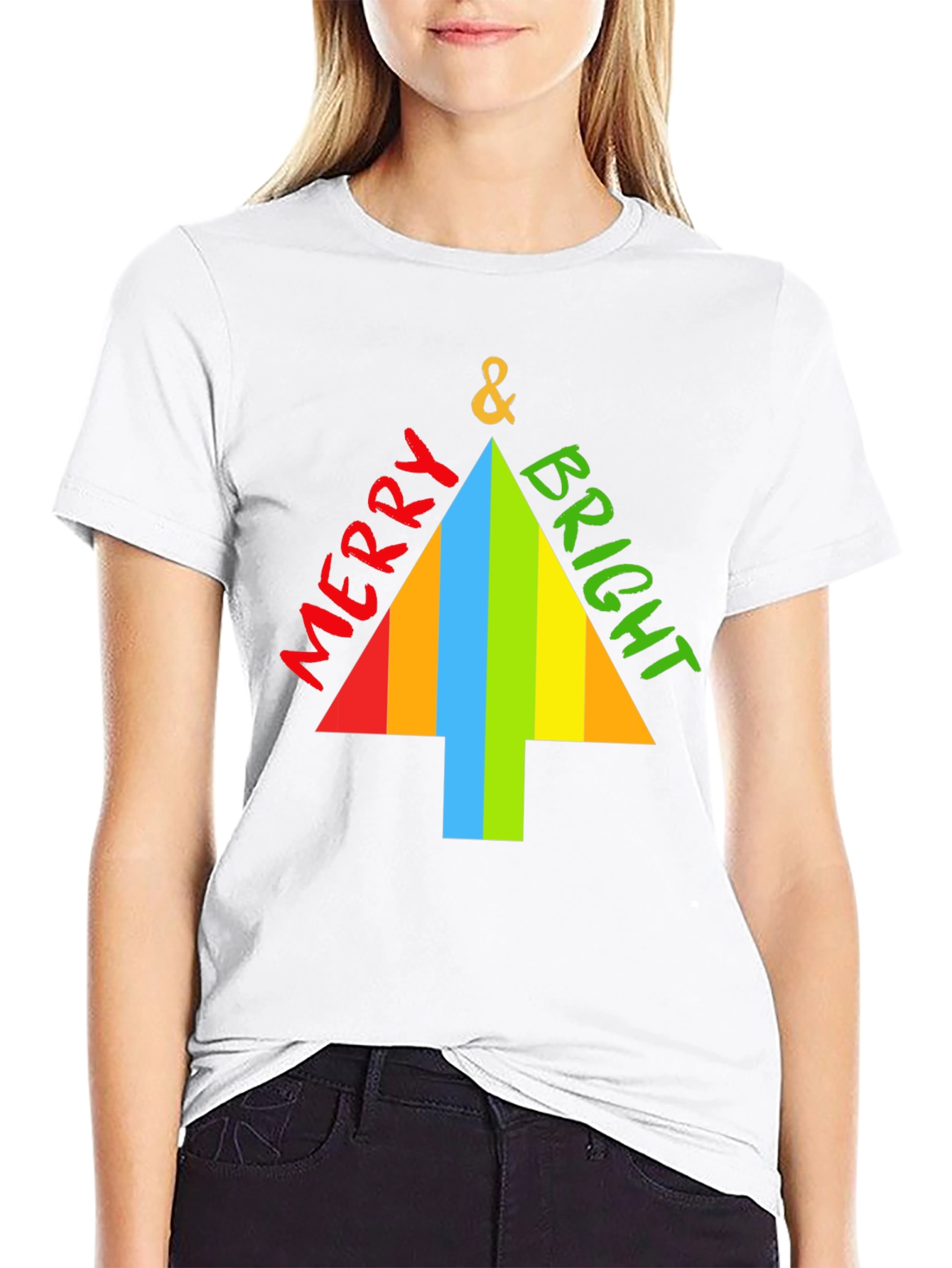 Merry & Bright Christmas Tree Graphic Tee - Black