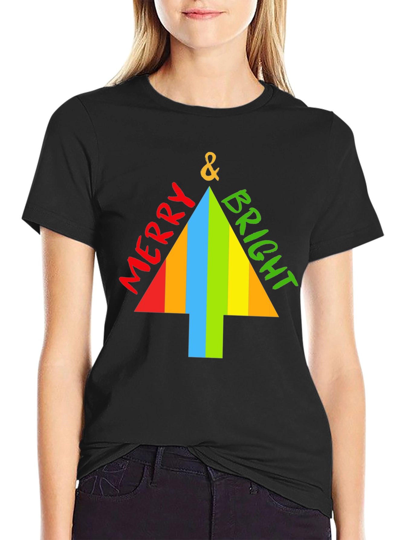 Merry & Bright Christmas Tree Graphic Tee - Black