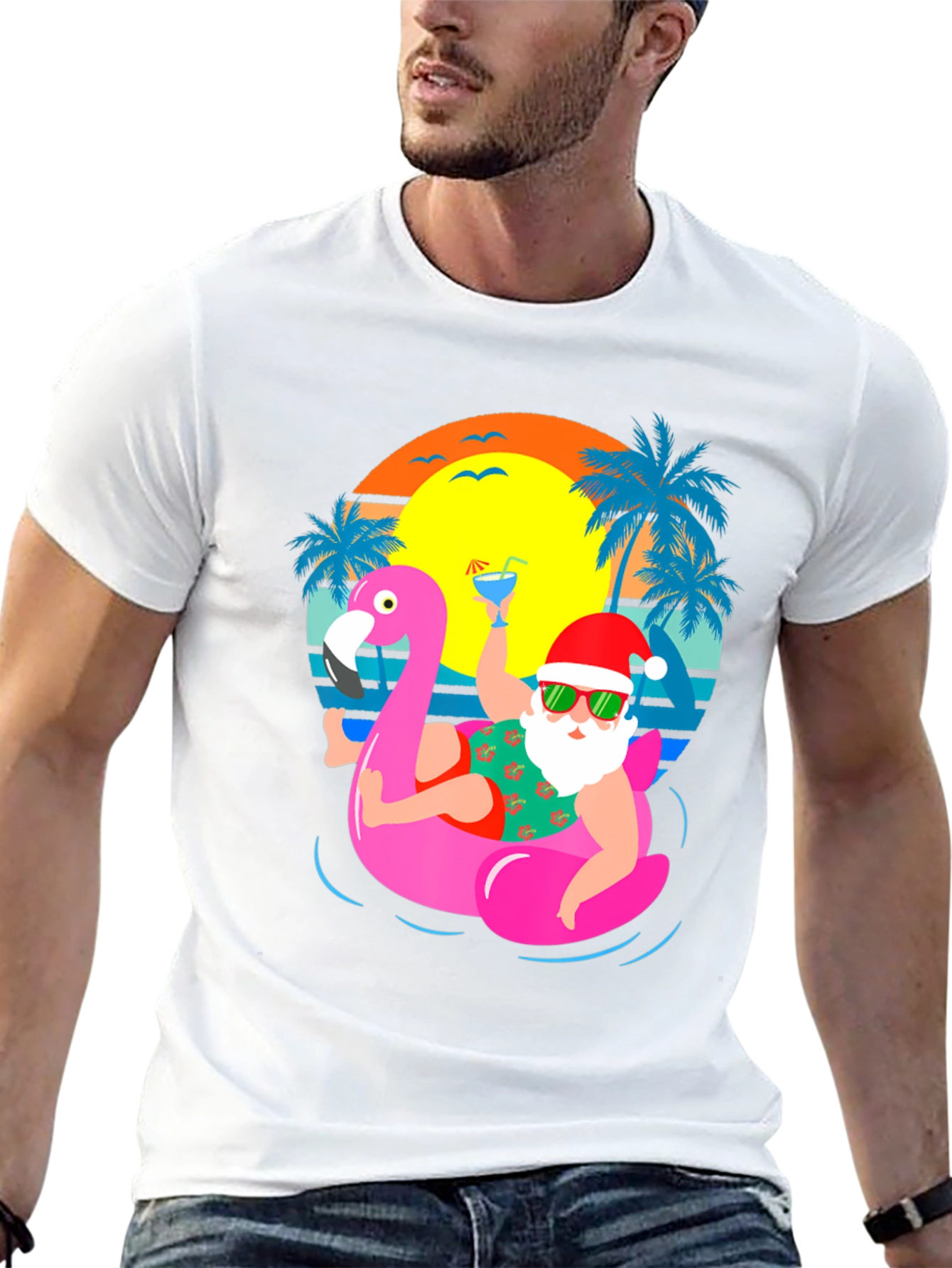 Santa Flamingo Pool Party Graphic T-Shirt