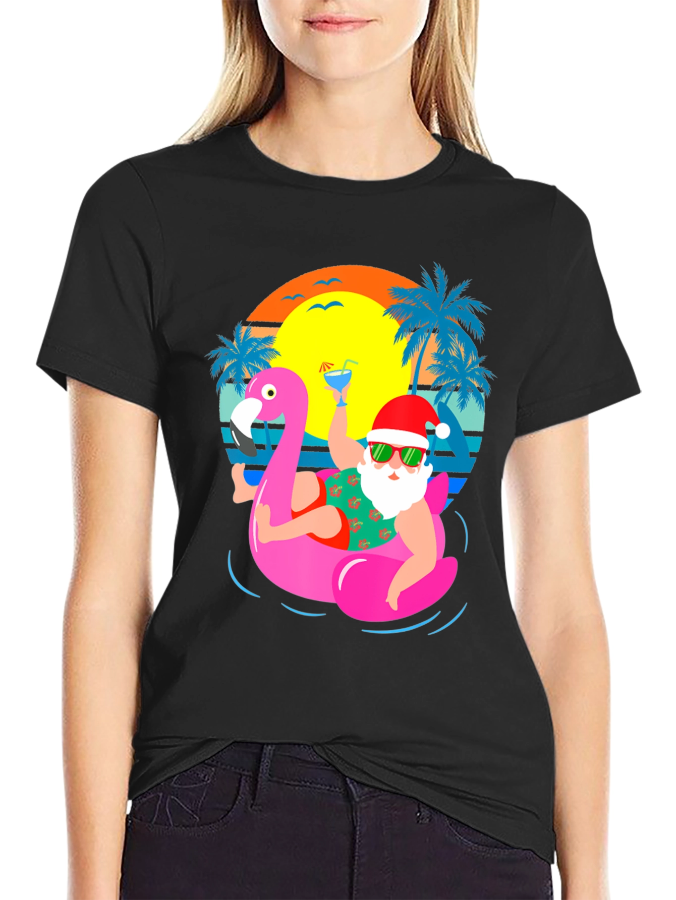 Santa Flamingo Pool Party Graphic T-Shirt