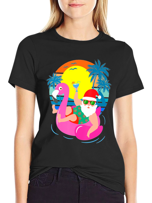 Santa Flamingo Pool Party Graphic T-Shirt