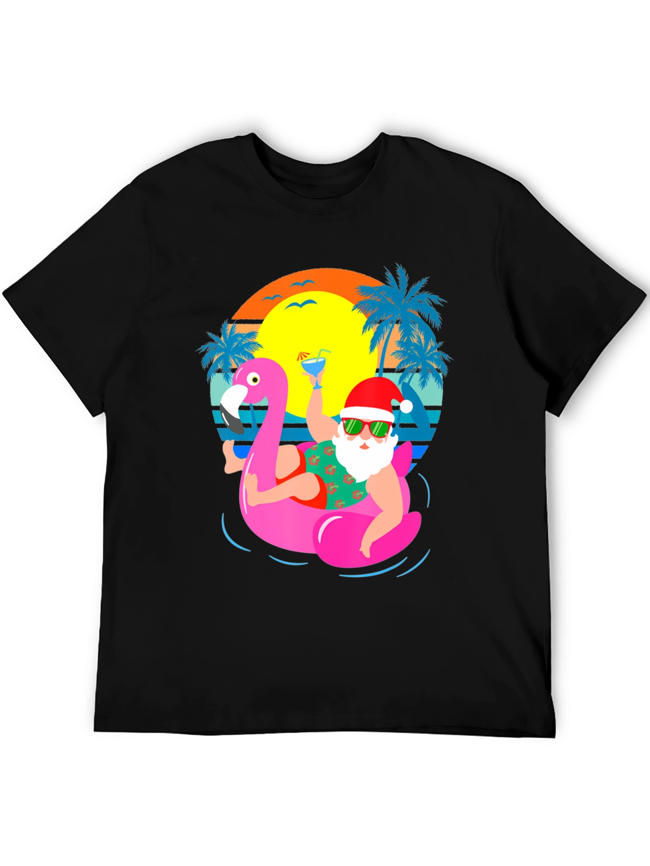 Santa Flamingo Pool Party Graphic T-Shirt