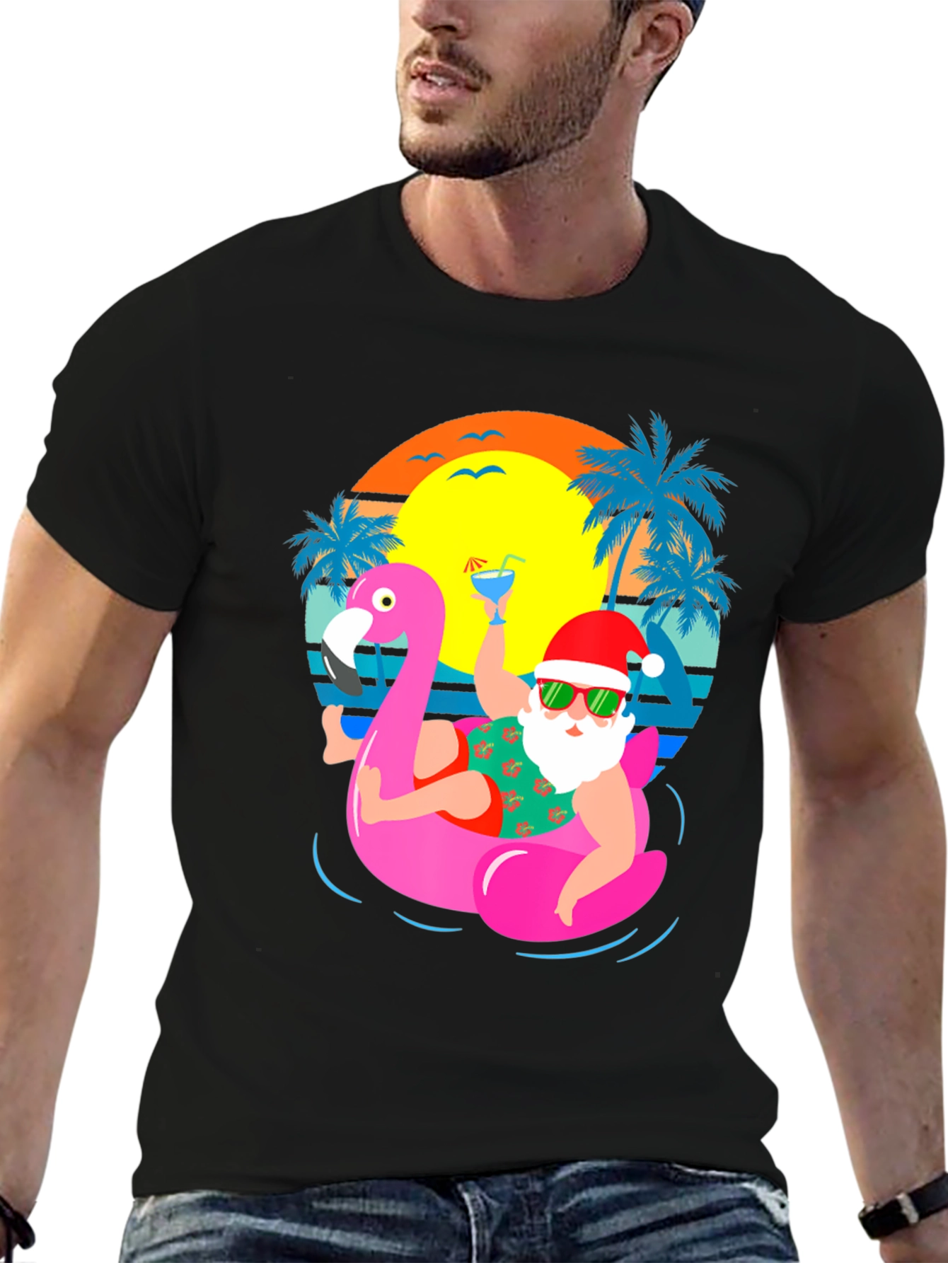 Santa Flamingo Pool Party Graphic T-Shirt