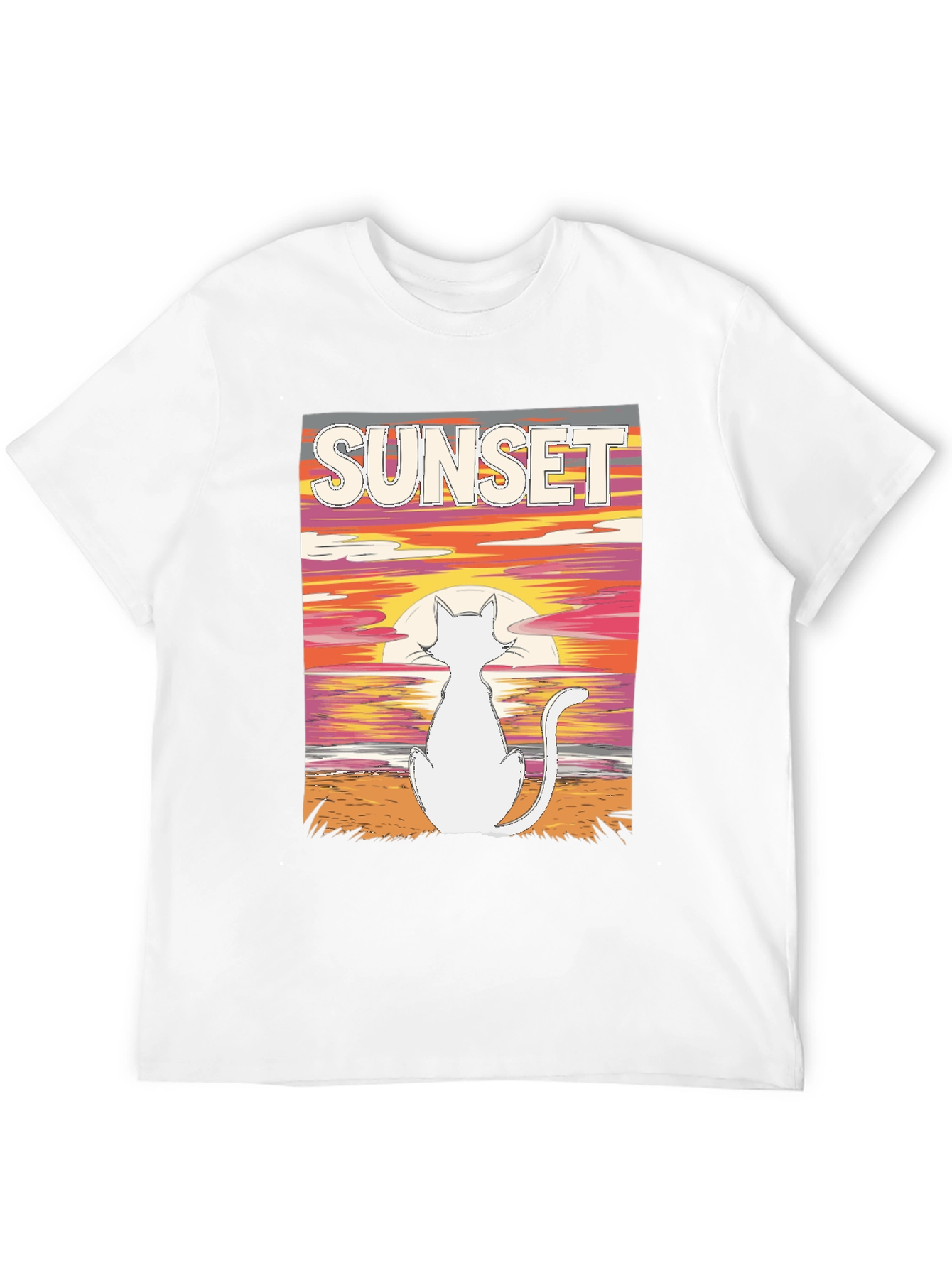 Sunset Cat Graphic Tee - Black Cotton T-Shirt
