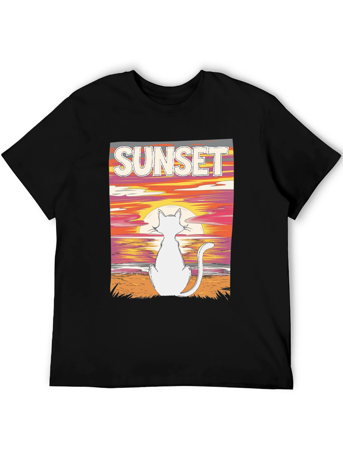 Sunset Cat Graphic Tee - Black Cotton T-Shirt