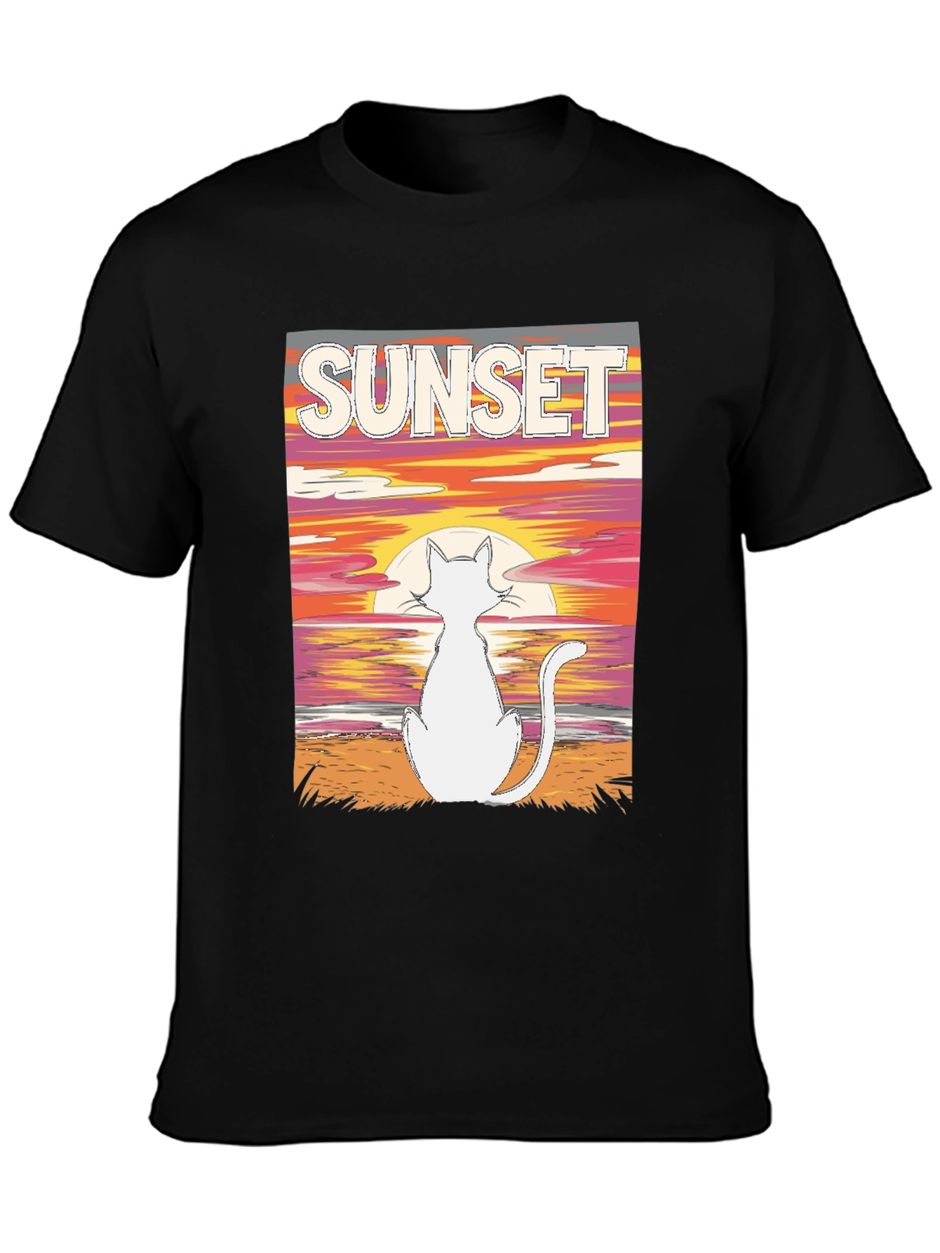 Sunset Cat Graphic Tee - Black Cotton T-Shirt