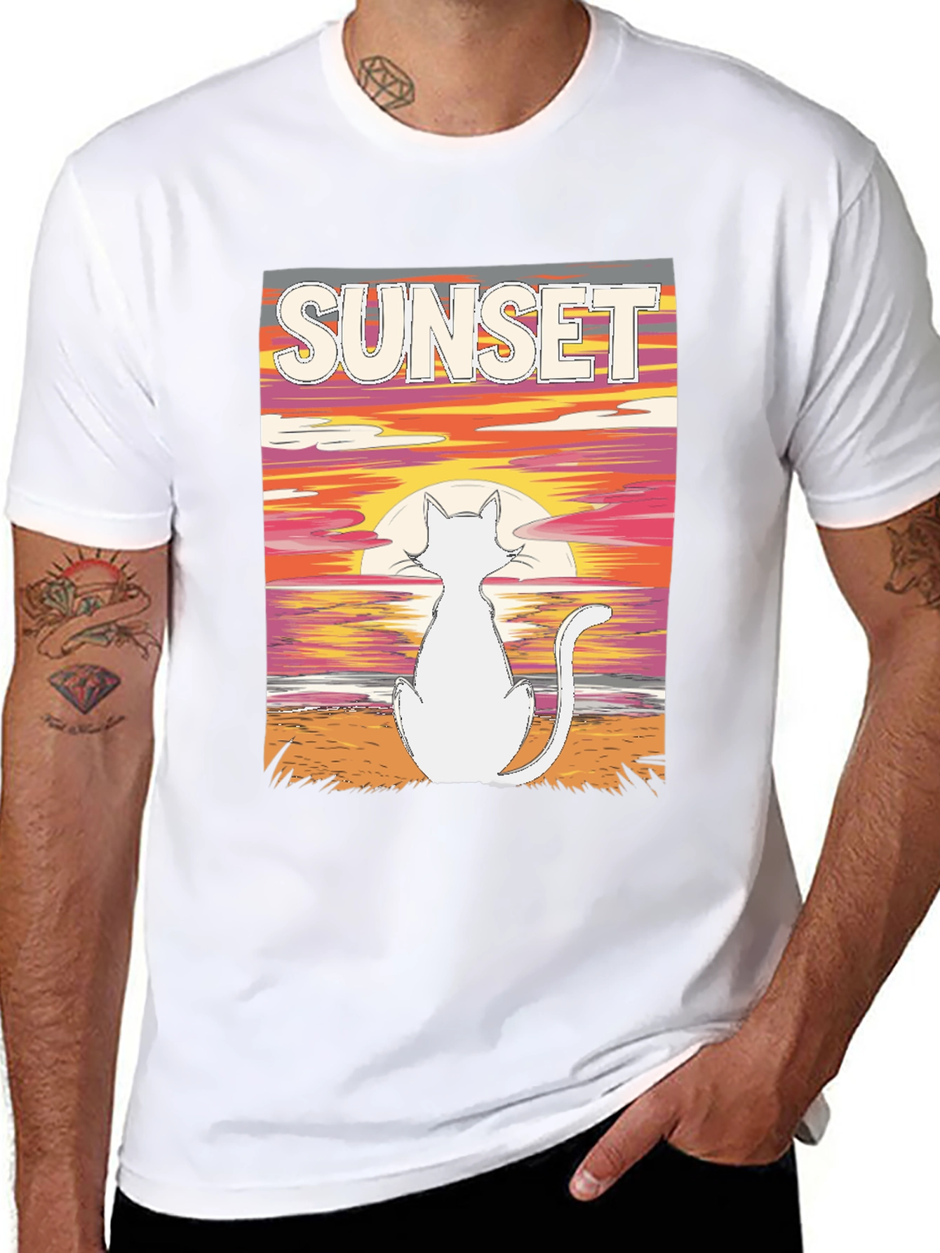 Sunset Cat Graphic Tee - Black Cotton T-Shirt