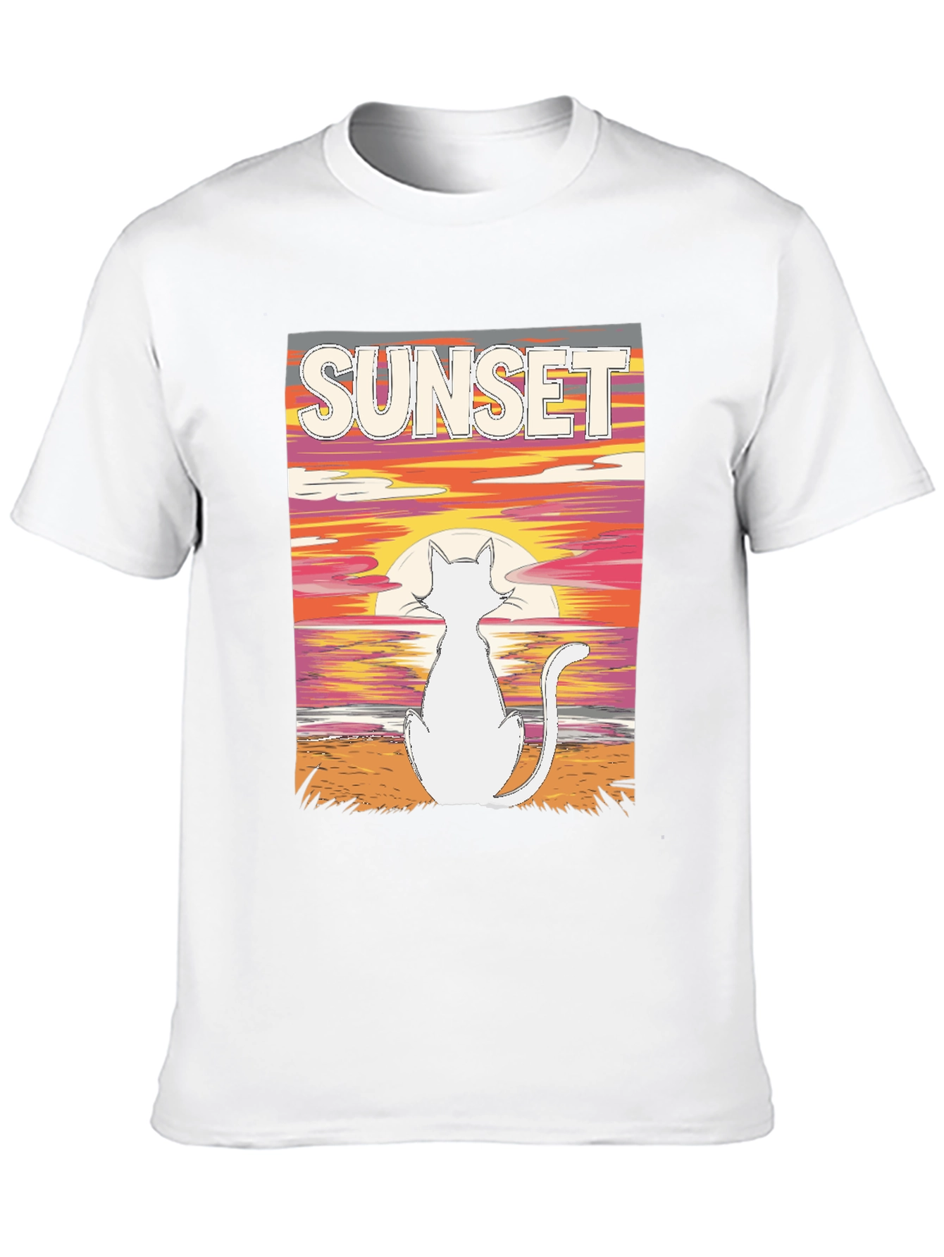 Sunset Cat Graphic Tee - Black Cotton T-Shirt