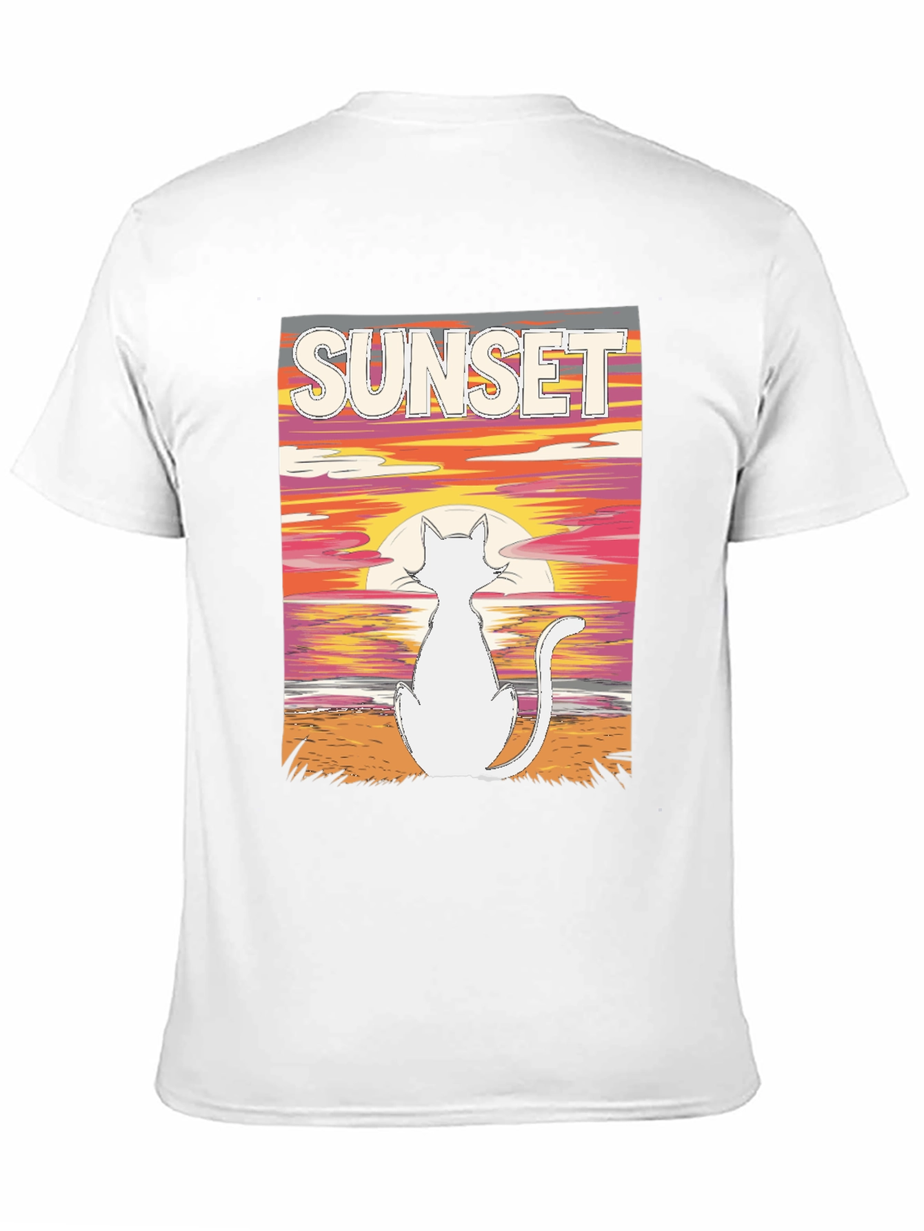 Sunset Cat Graphic Tee - Black Cotton T-Shirt