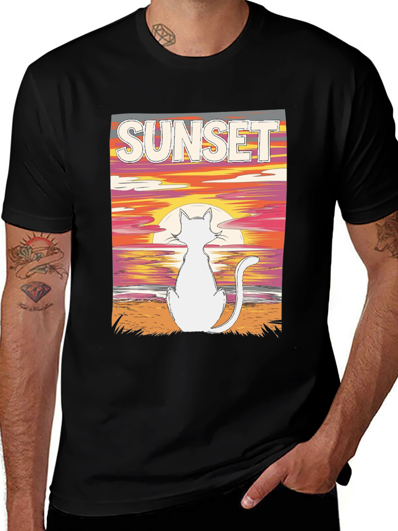 Sunset Cat Graphic Tee - Black Cotton T-Shirt