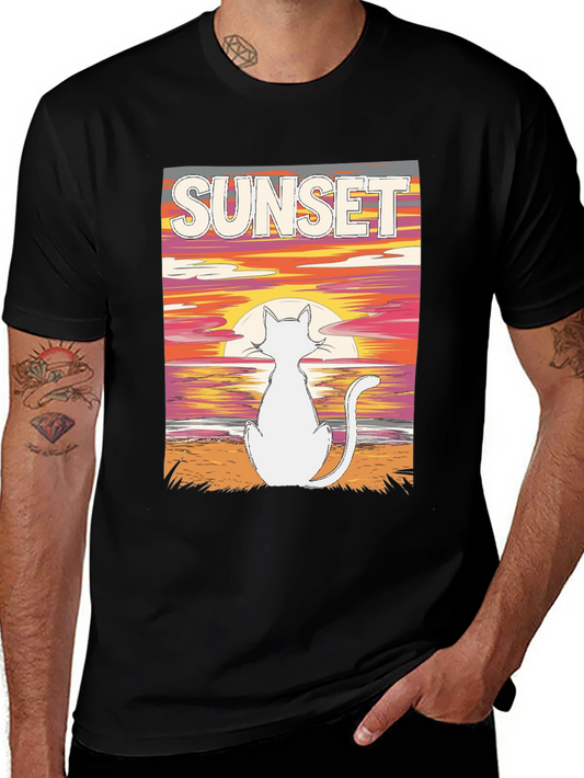 Sunset Cat Graphic Tee - Black Cotton T-Shirt
