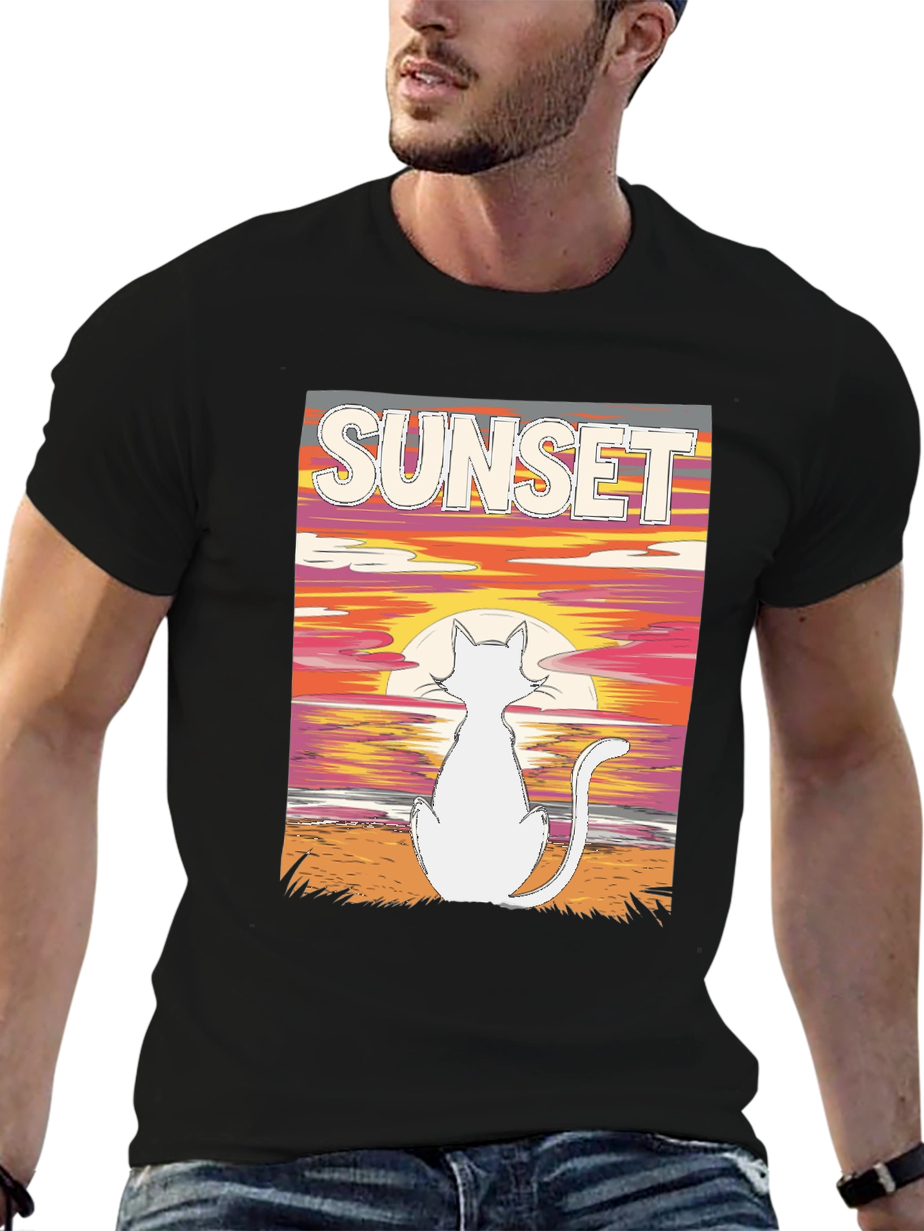 Sunset Cat Graphic Tee - Black Cotton T-Shirt