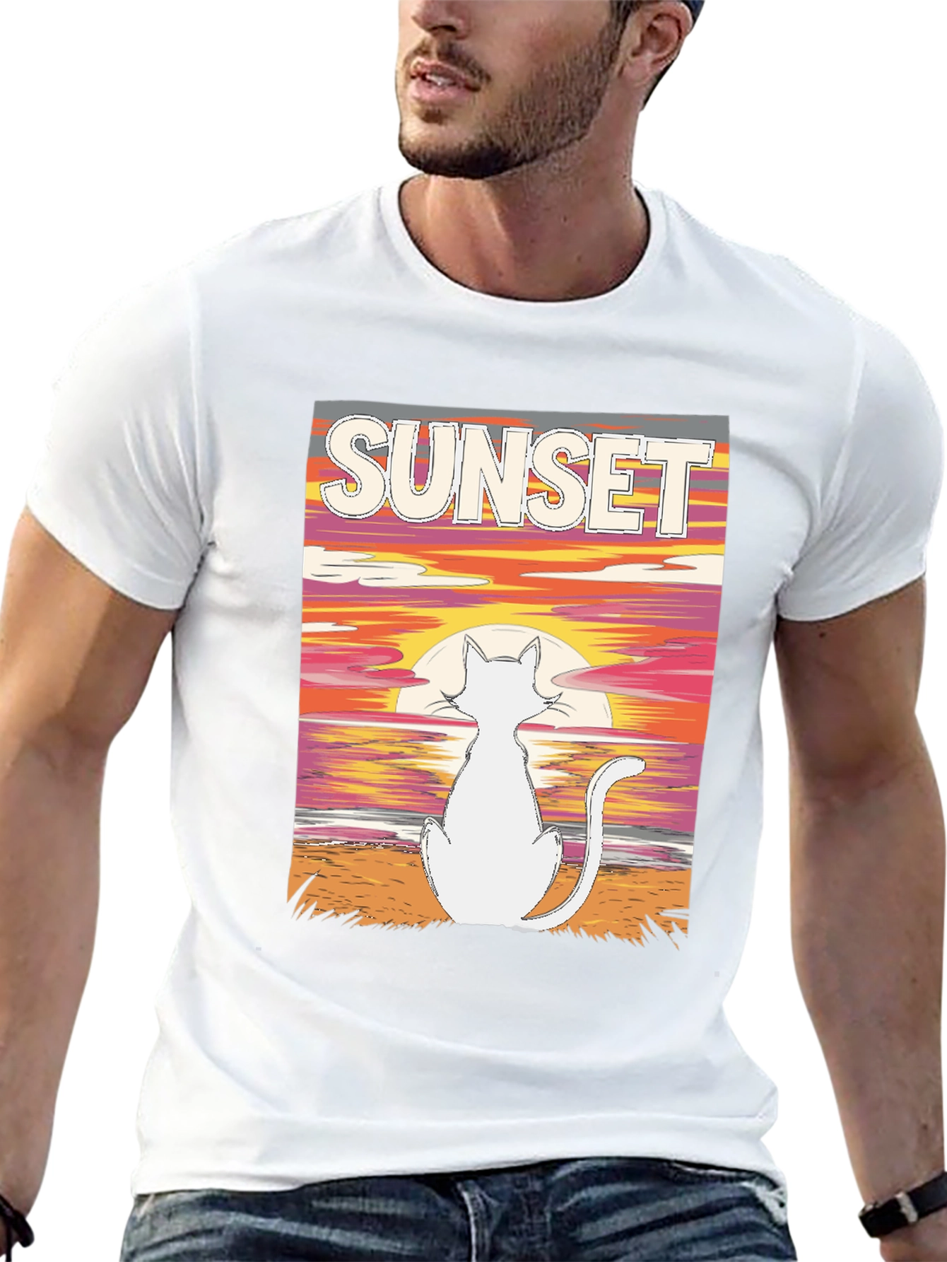 Sunset Cat Graphic Tee - Black Cotton T-Shirt
