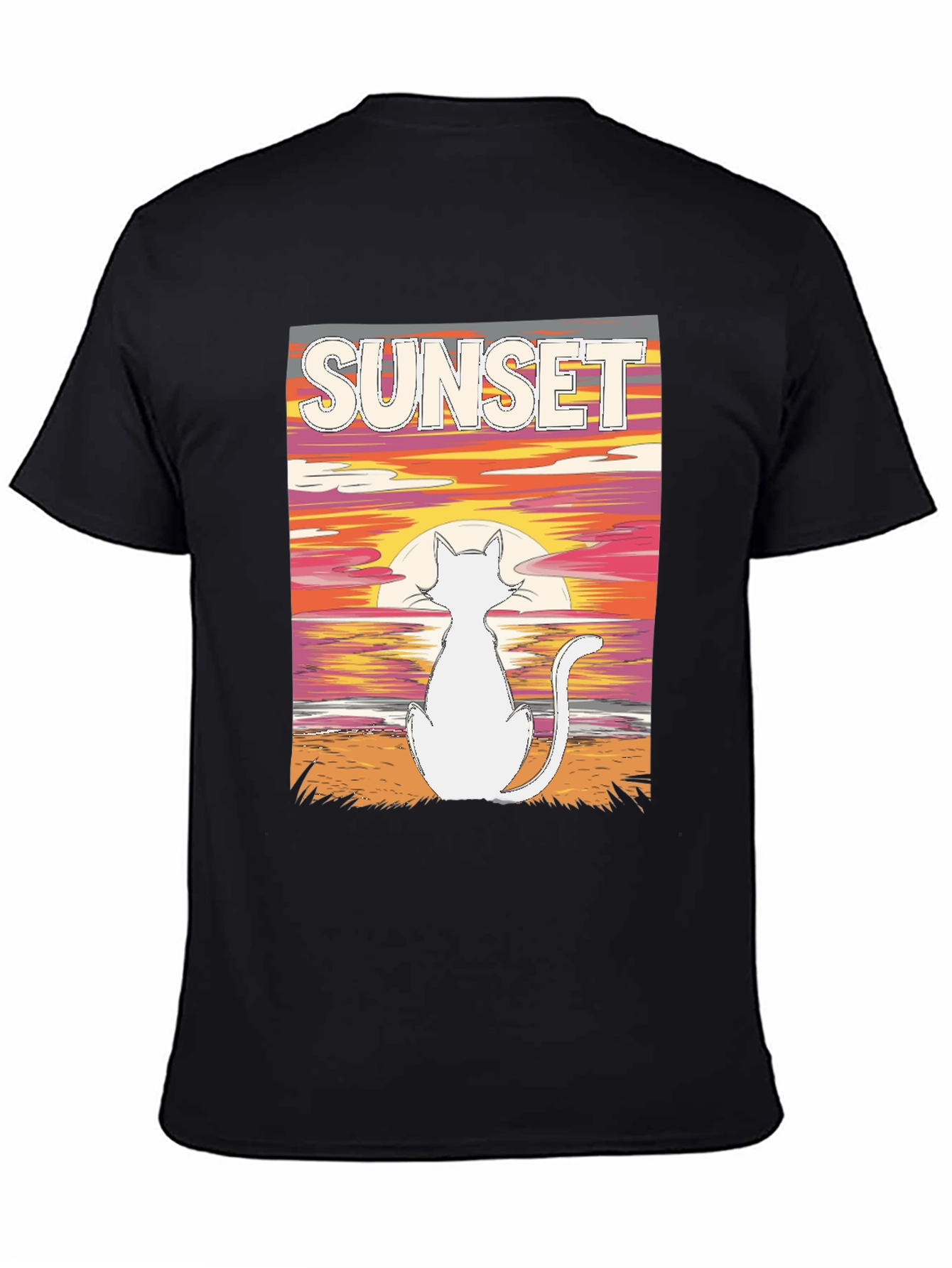 Sunset Cat Graphic Tee - Black Cotton T-Shirt
