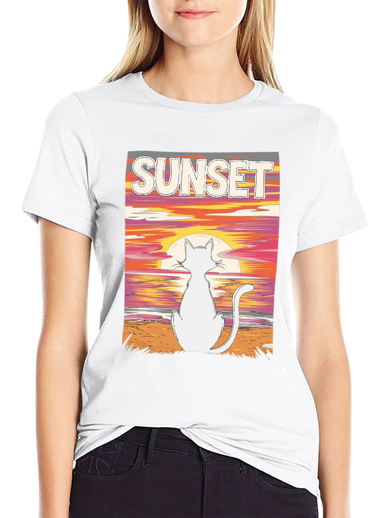 Sunset Cat Graphic Tee - Black Cotton T-Shirt