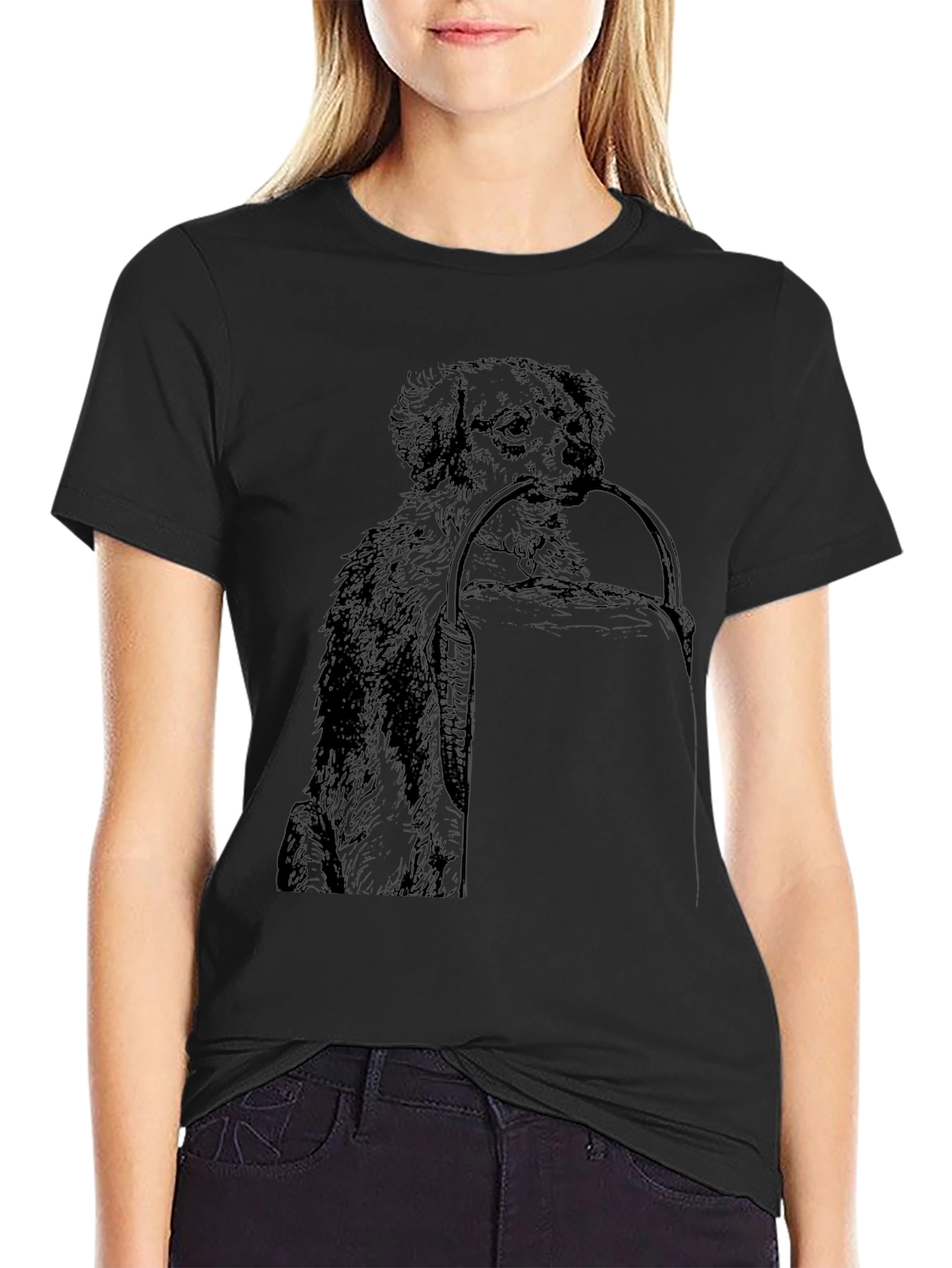Dog with Basket Graphic Print Black T-Shirt