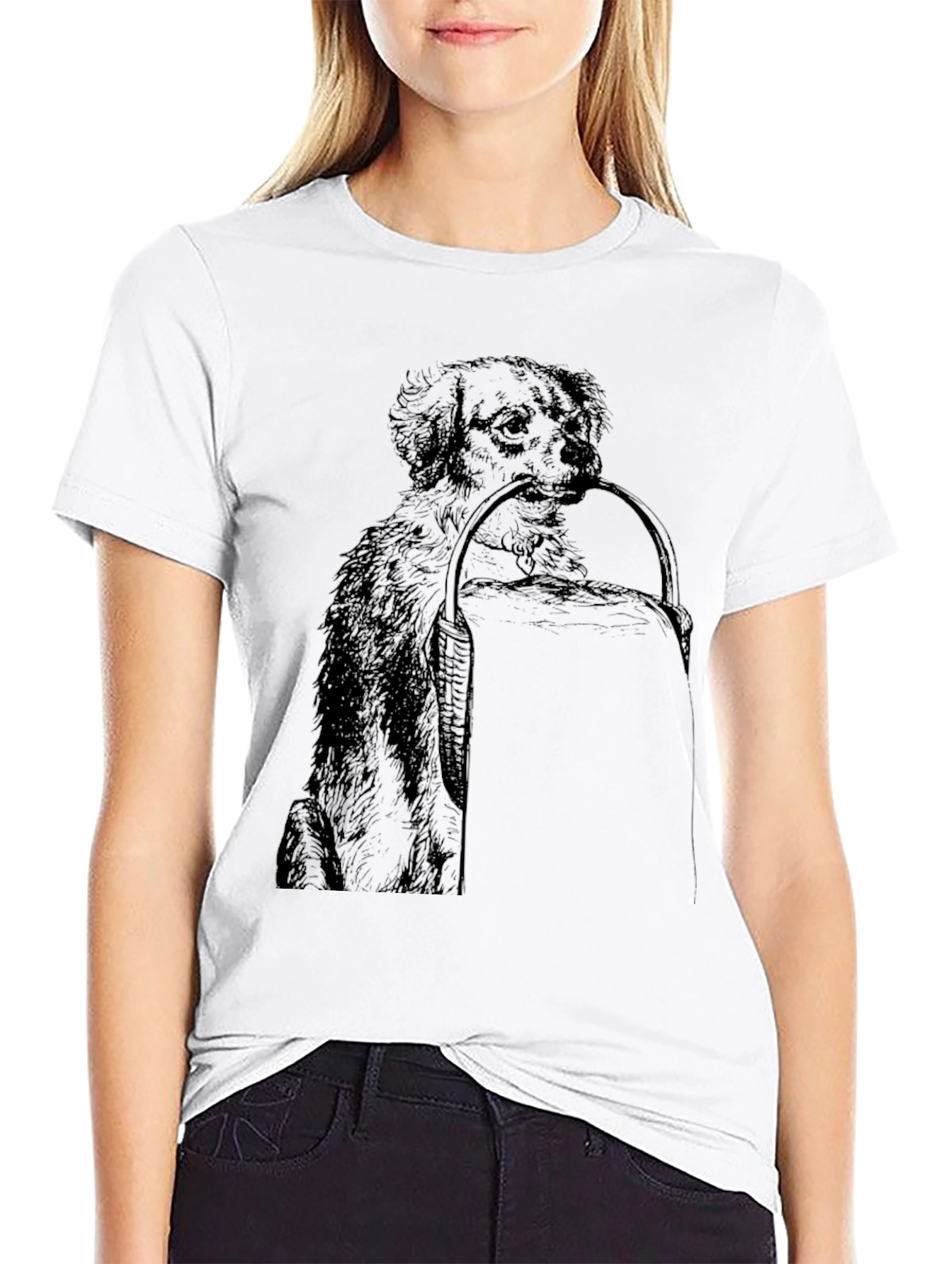 Dog with Basket Graphic Print Black T-Shirt