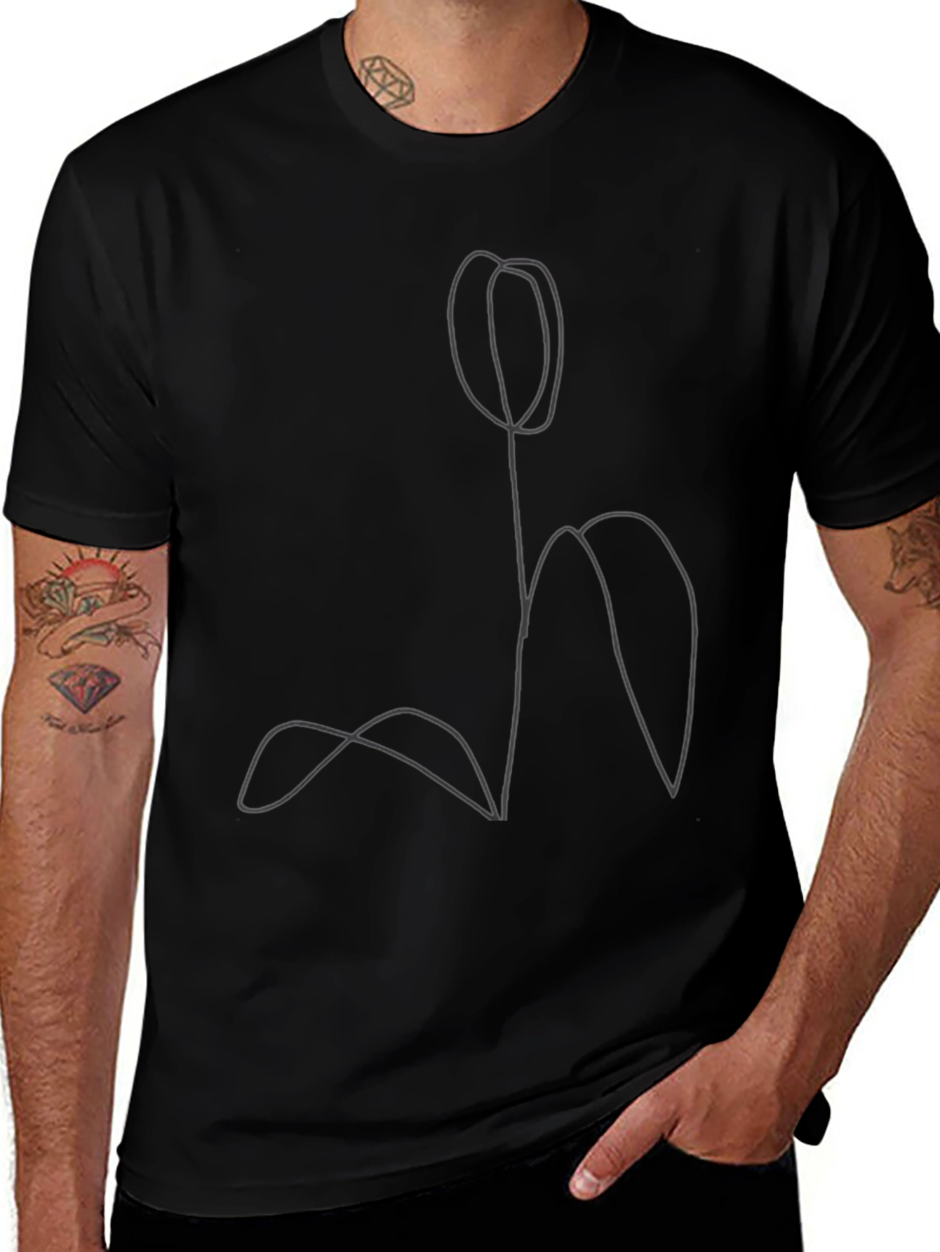 Minimalist Tulip Line Art Black T-Shirt
