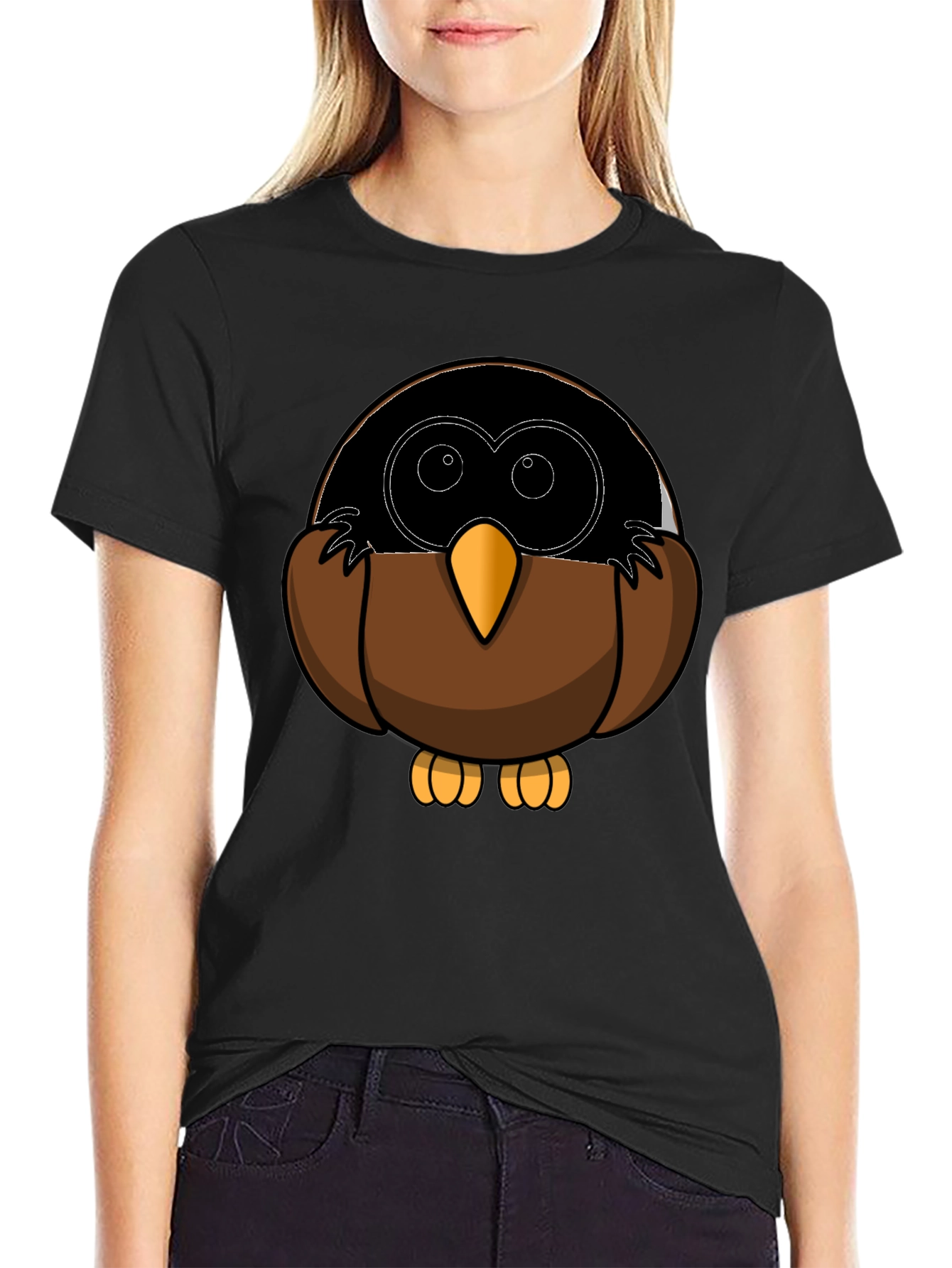 Cute Owl Cartoon Graphic Tee - Black T-Shirt