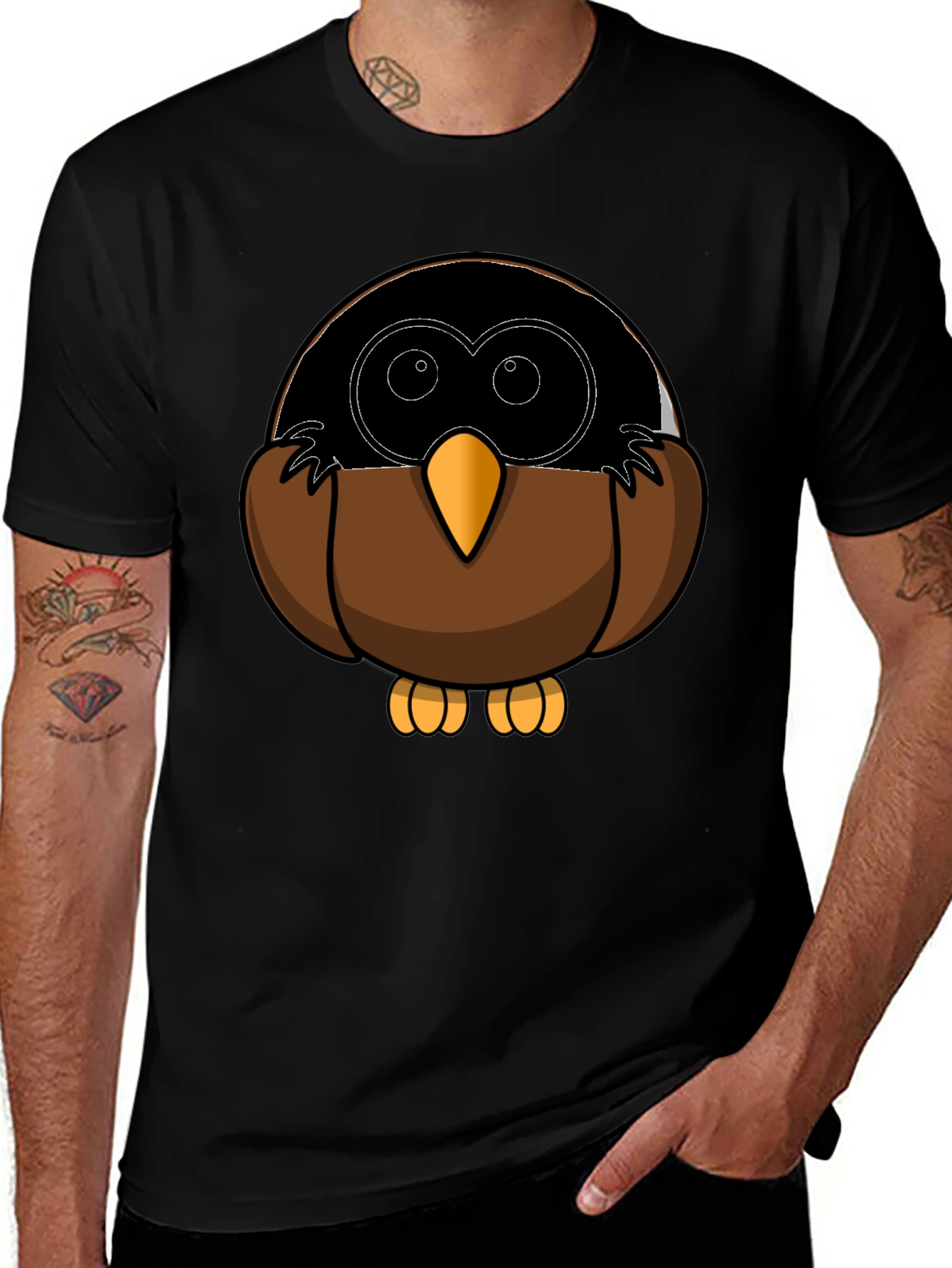 Cute Owl Cartoon Graphic Tee - Black T-Shirt