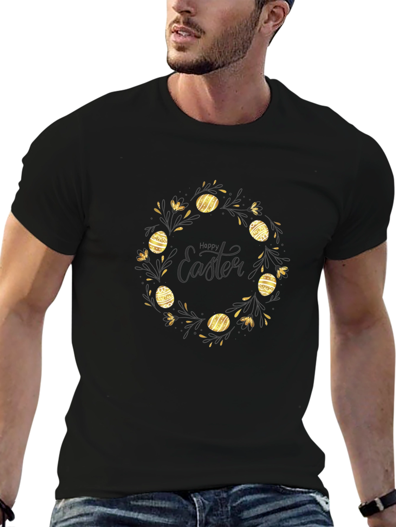 Happy Easter Black T-Shirt with Gold Egg Wreath Design