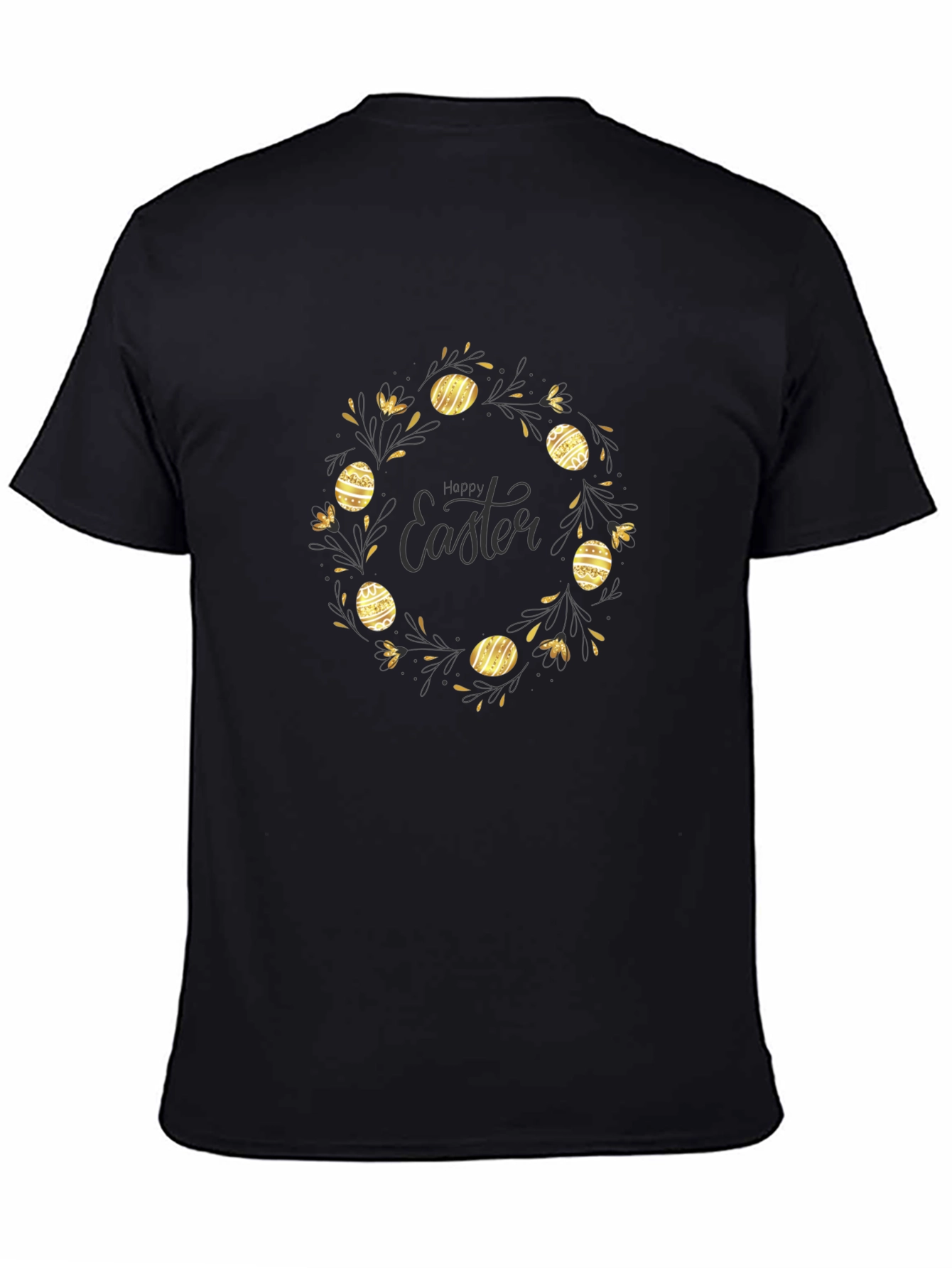 Happy Easter Black T-Shirt with Gold Egg Wreath Design