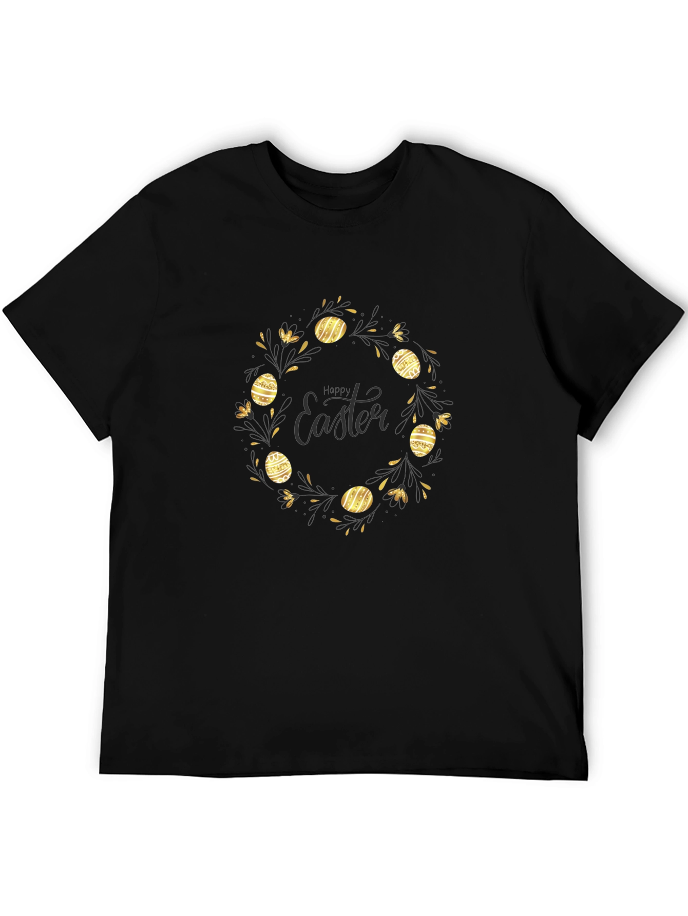 Happy Easter Black T-Shirt with Gold Egg Wreath Design