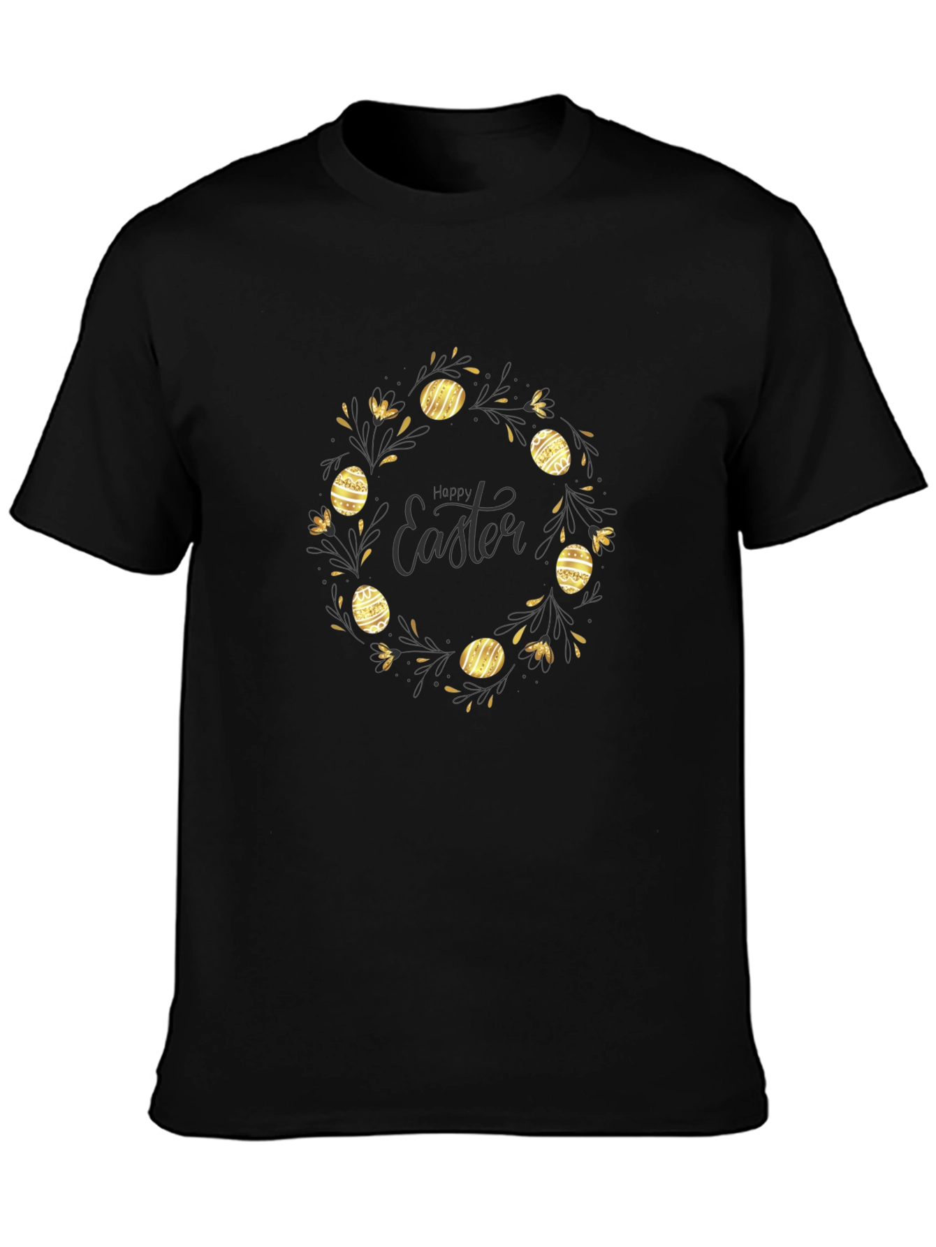 Happy Easter Black T-Shirt with Gold Egg Wreath Design