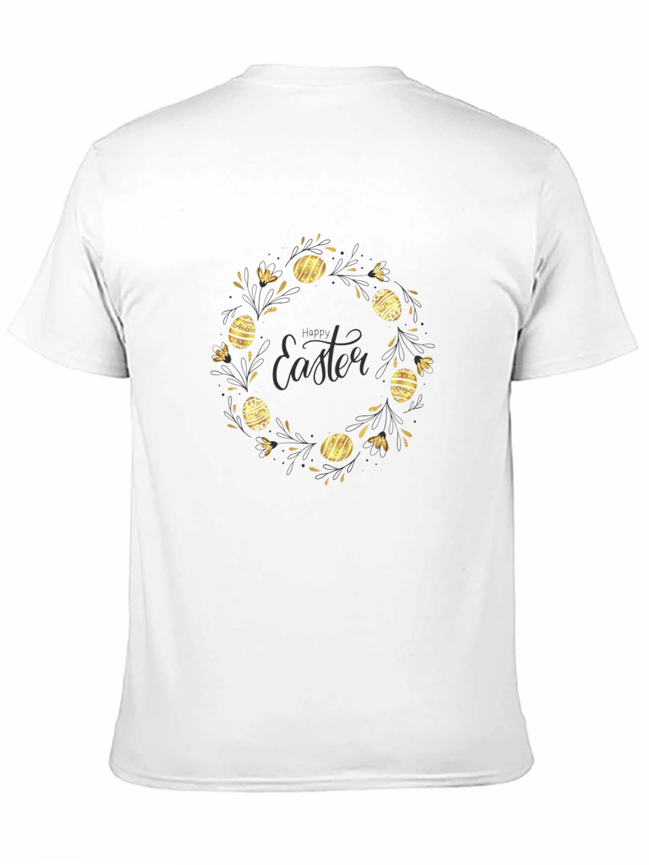 Happy Easter Black T-Shirt with Gold Egg Wreath Design