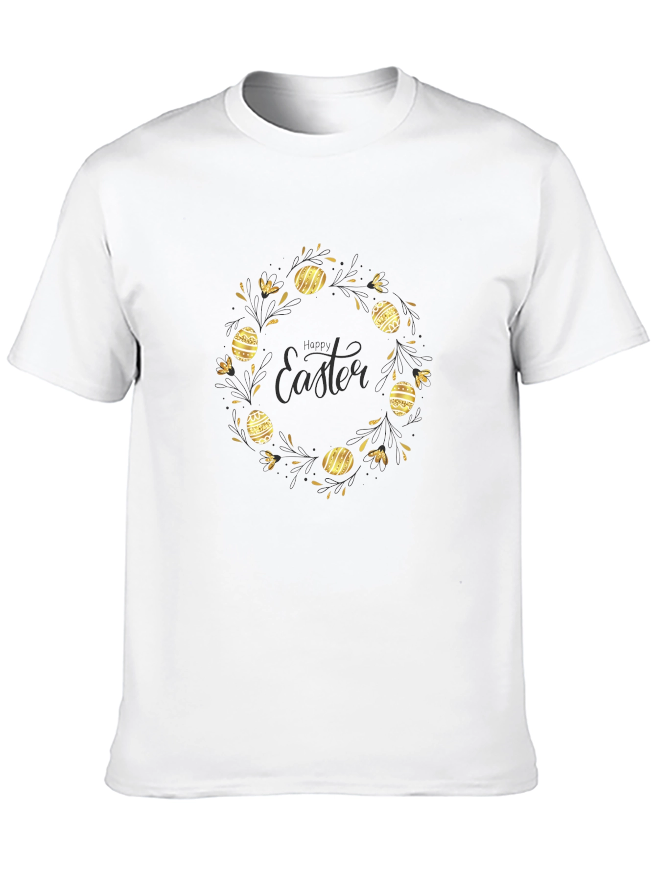 Happy Easter Black T-Shirt with Gold Egg Wreath Design