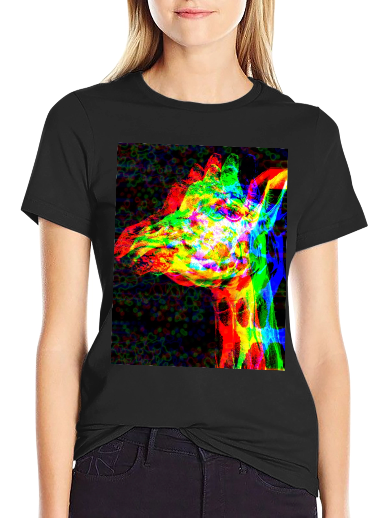 Vibrant Giraffe Graphic Tee - Stylish Black T-Shirt