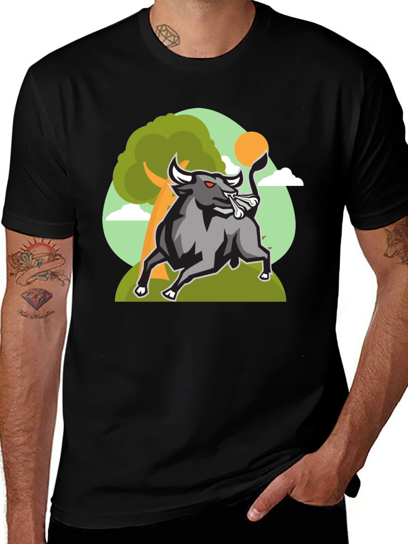 Bull Graphic Tee - Black Cotton Shirt