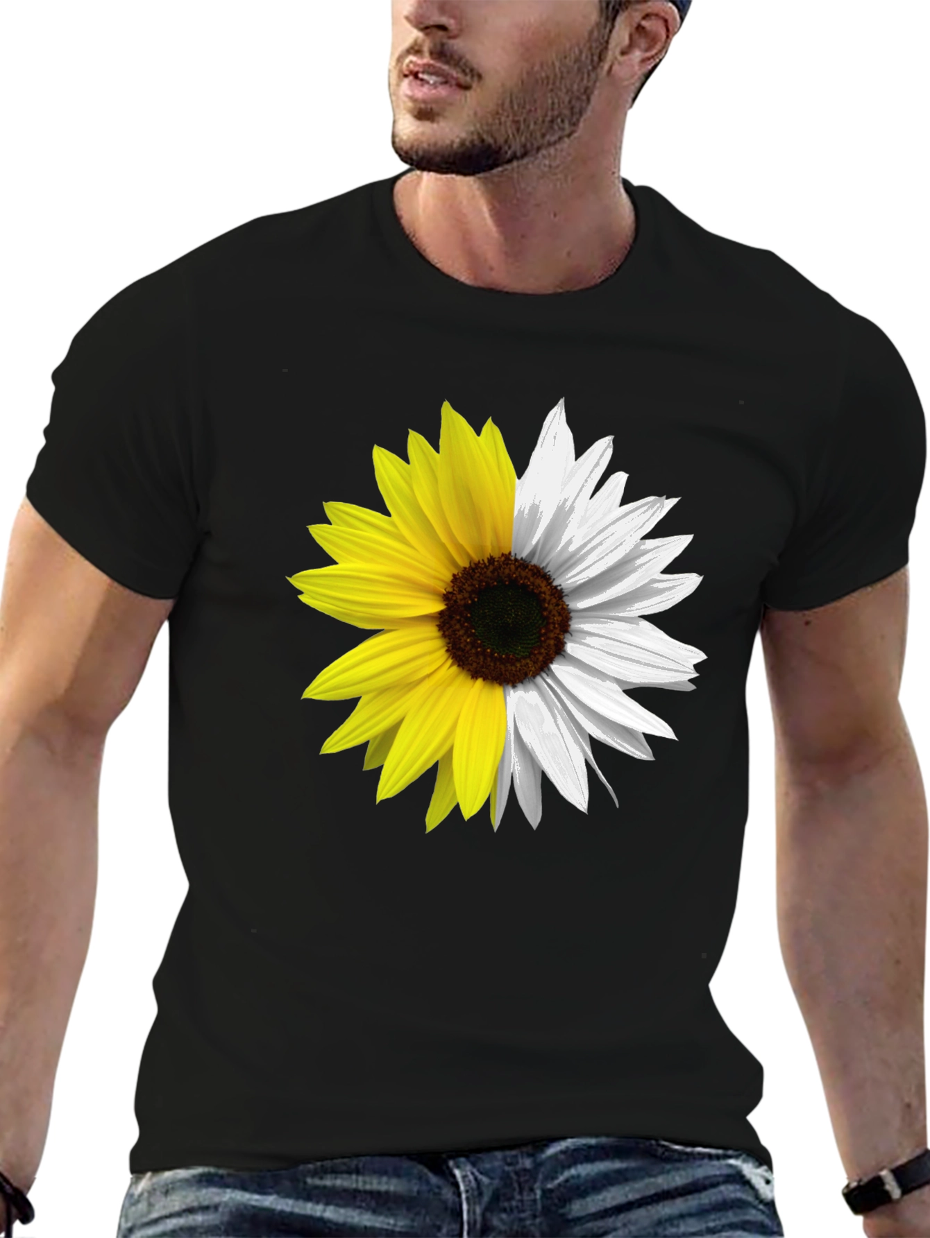 Half & Half Sunflower Graphic Tee - Black