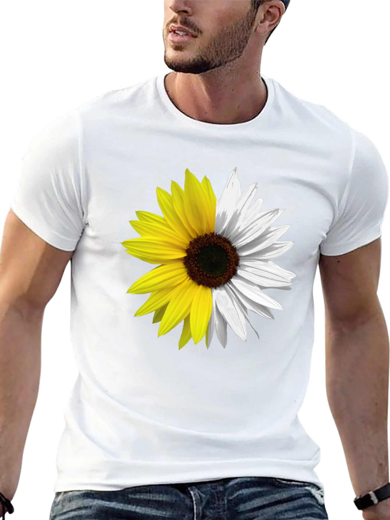 Half & Half Sunflower Graphic Tee - Black