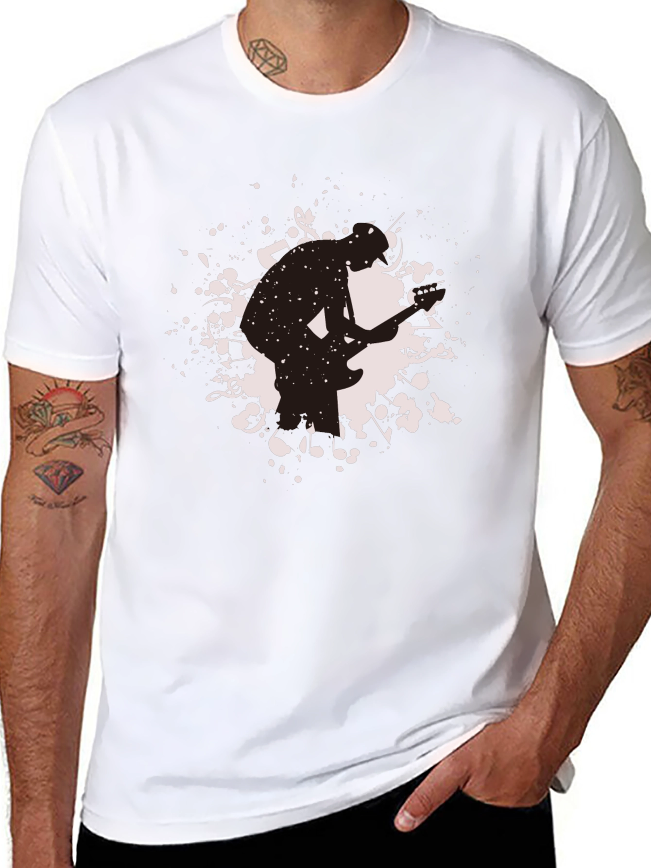 Mens Black Graphic T-Shirt - Guitarist Silhouette