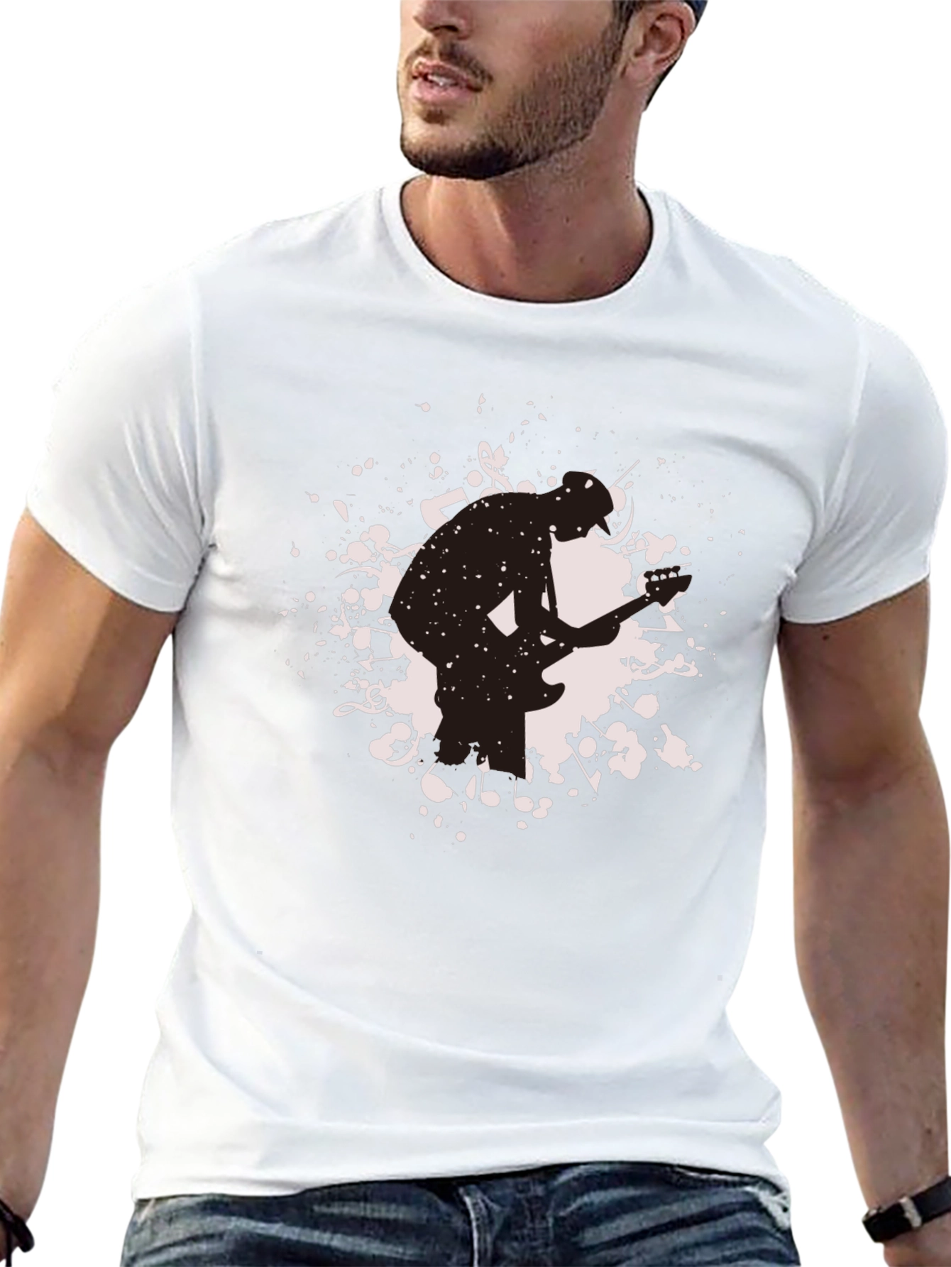 Mens Black Graphic T-Shirt - Guitarist Silhouette